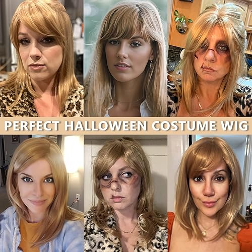 Miniatura 5 de TISHINING Peluca rubia fresa con flequillo, longitud al hombro, mezcla de rubio, en capas, recto, pelucas de pelo sintético para mujeres blancas,