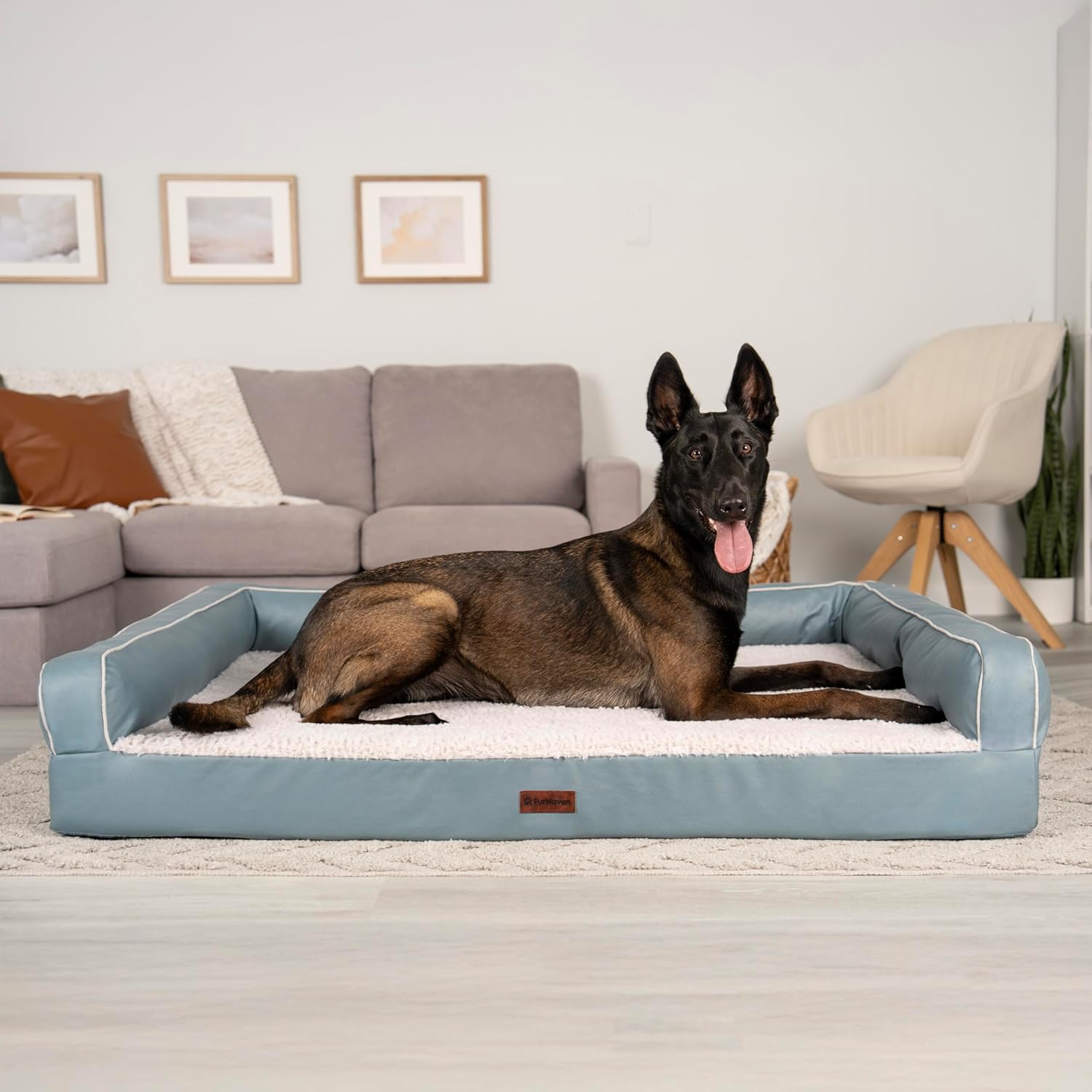 Furhaven Cooling Dog Sofa Bed – Memory Foam Couch with Bolsters, Textured Plush & Water-Resistant Cover, Washable Cover - Riverway, Jumbo Plus Riverway Jumbo Plus Cooling Gel Foam