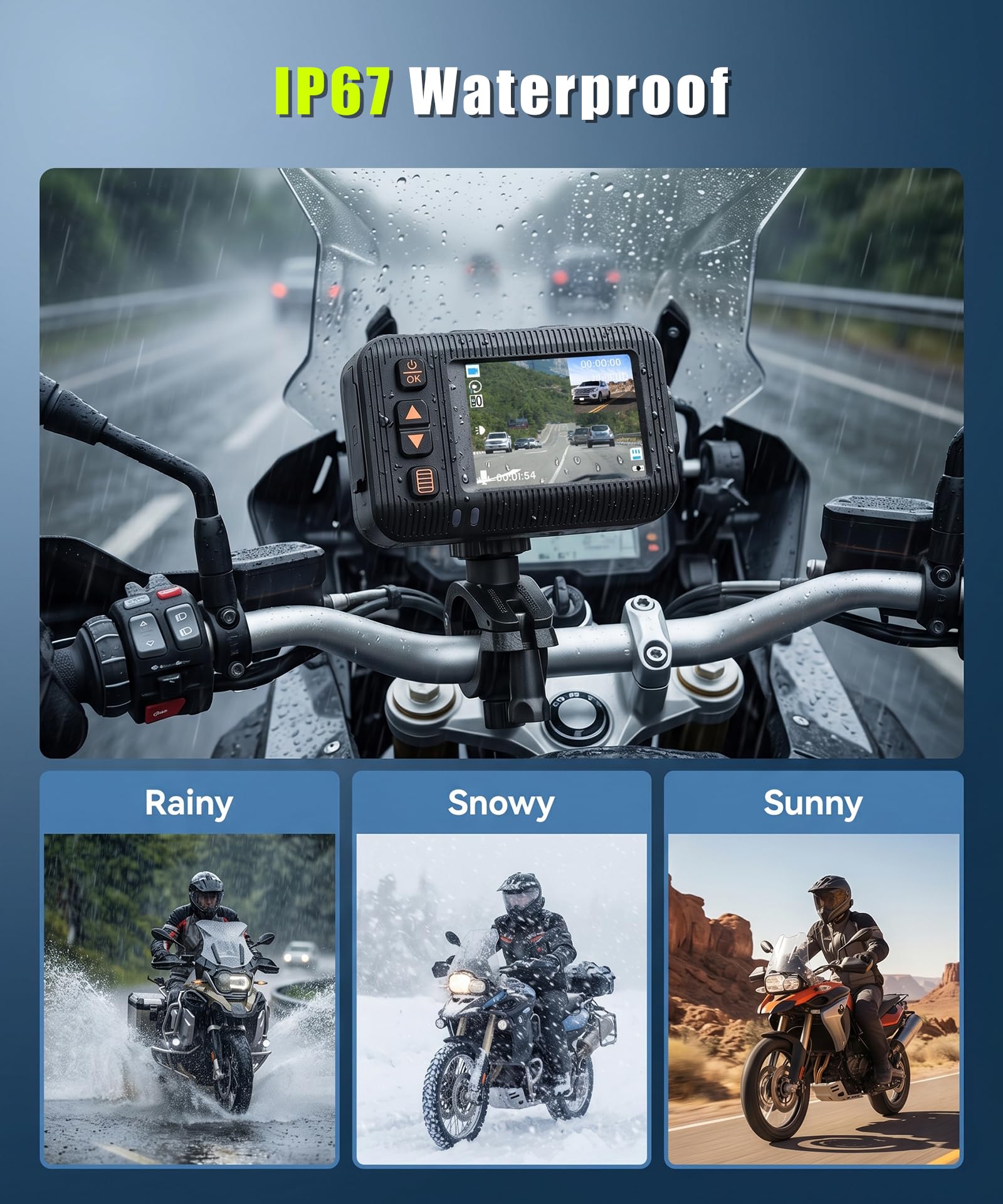 Rimoody Dashcam per Moto 1080P con Due Telecamere, 2" Schermo, Telecamera a Doppia Lente Anteriore e Posteriore, IP67 Impermeabile, Visione Notturna, G-Sensor, Loop Video, Monitoraggio di Parcheggio