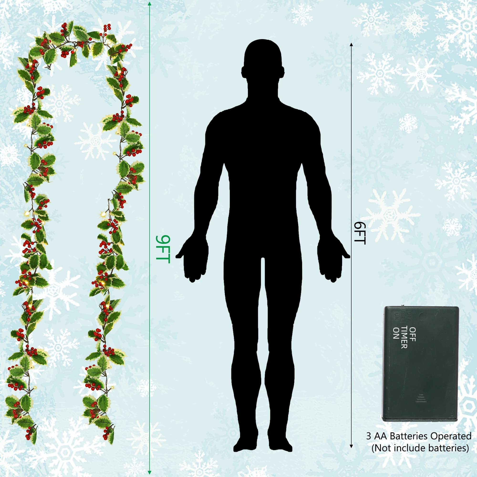 Juegoal 2 Pack Christmas Garlands, 9FT Pre-lit Red Berries & Holly Leaves Garland, Artificial Lighted Garland Battery Operated with Timer, Indoor Outdoor Xmas Fireplace Gate Home Winter New Year Decor