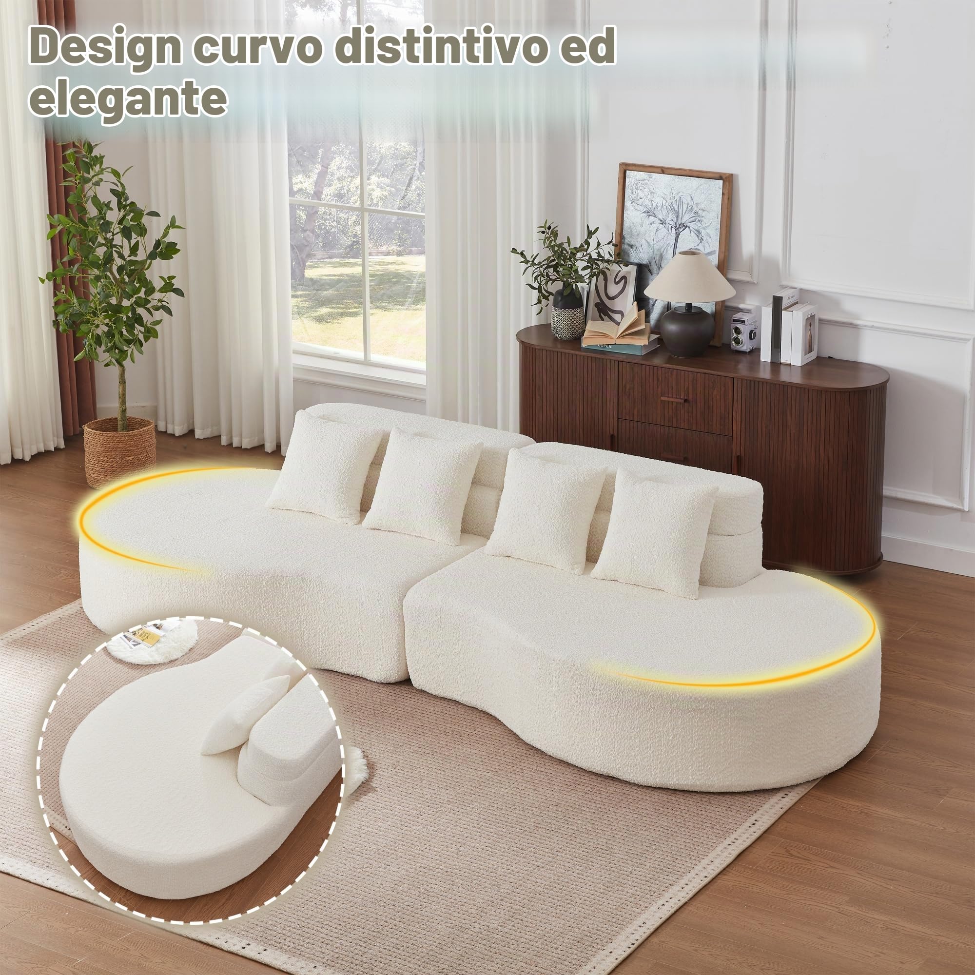 Divano modulare in schiuma, divano componibile senza struttura a 2 pezzi, 100% schiuma memory ad alta densità, rivestimento in velluto sfoderabile e lavabile, divano in stile moderno. (Beige)
