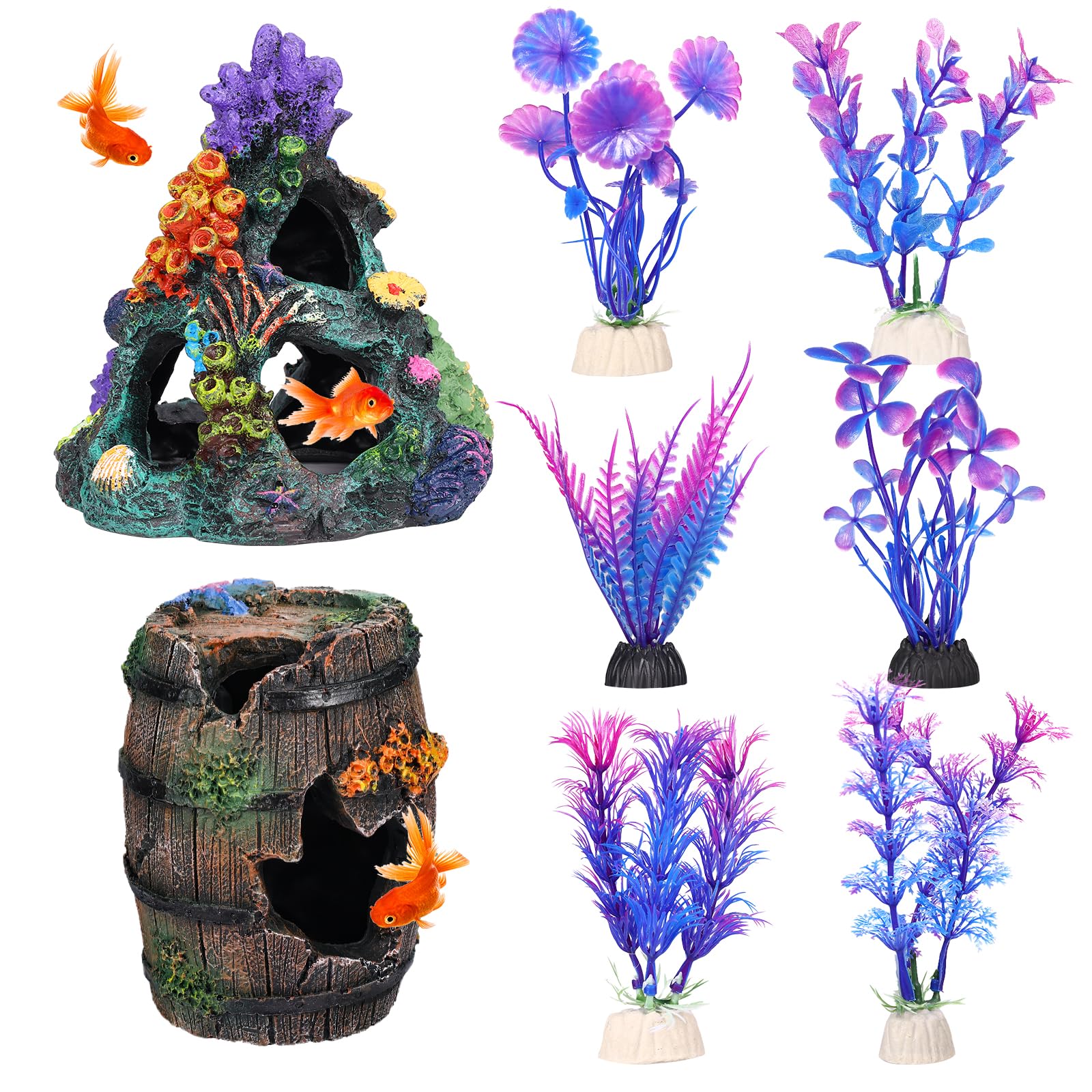 8 Pieces Betta Fish Tank Decor Accessories, Colorful Coral Reef Aquarium Decor Set with Coral Mountain, Starfish Bucket and 6 Aquatic Plants, Fish Aquarium Decor for Beta Fish Aquariums and Betta
