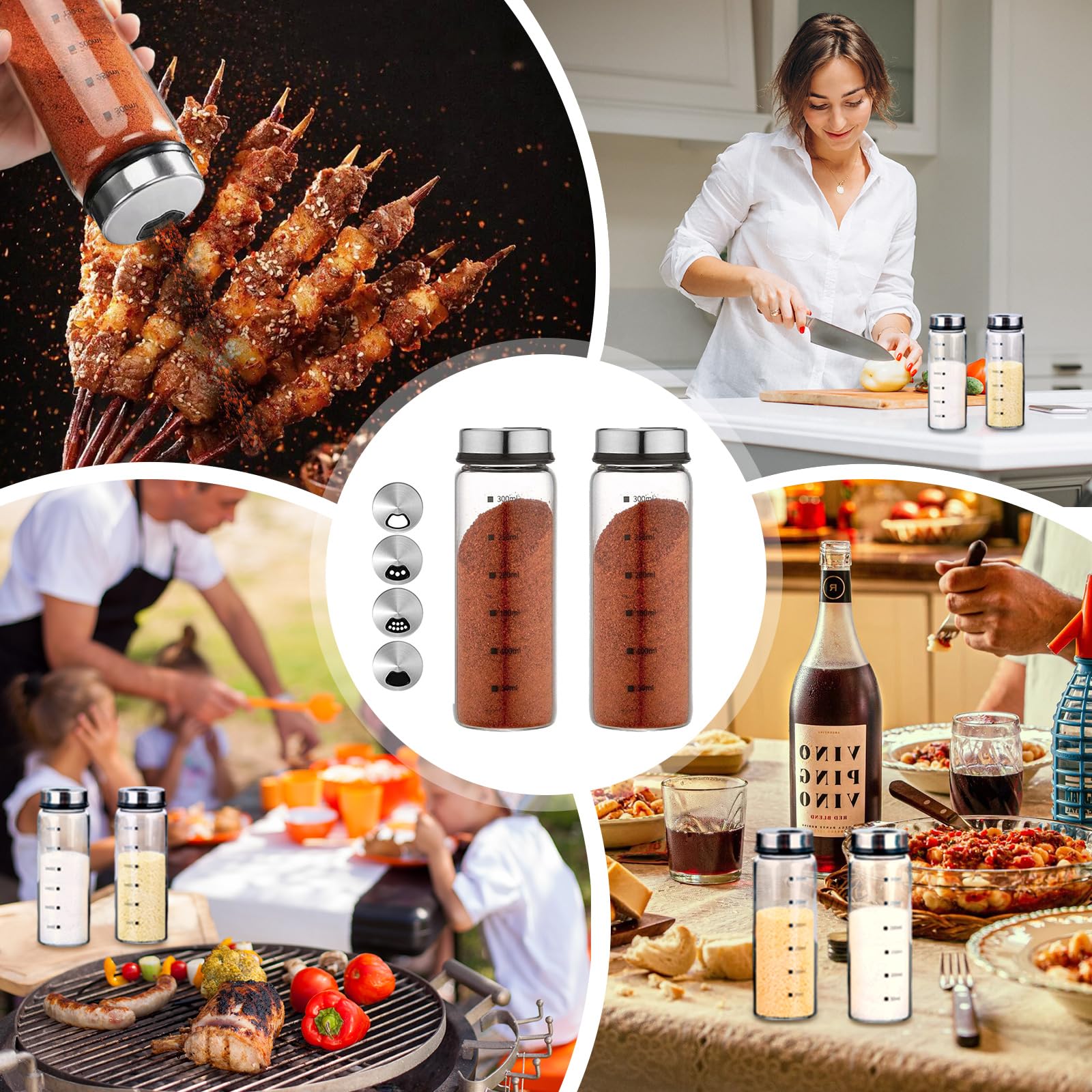 Juego de 2 saleros y pimenteros de cristal, saleros y pimenteros grandes con agujeros de vertido ajustables, tarros de especias recargables con tapa de acero inoxidable, accesorios de cocina