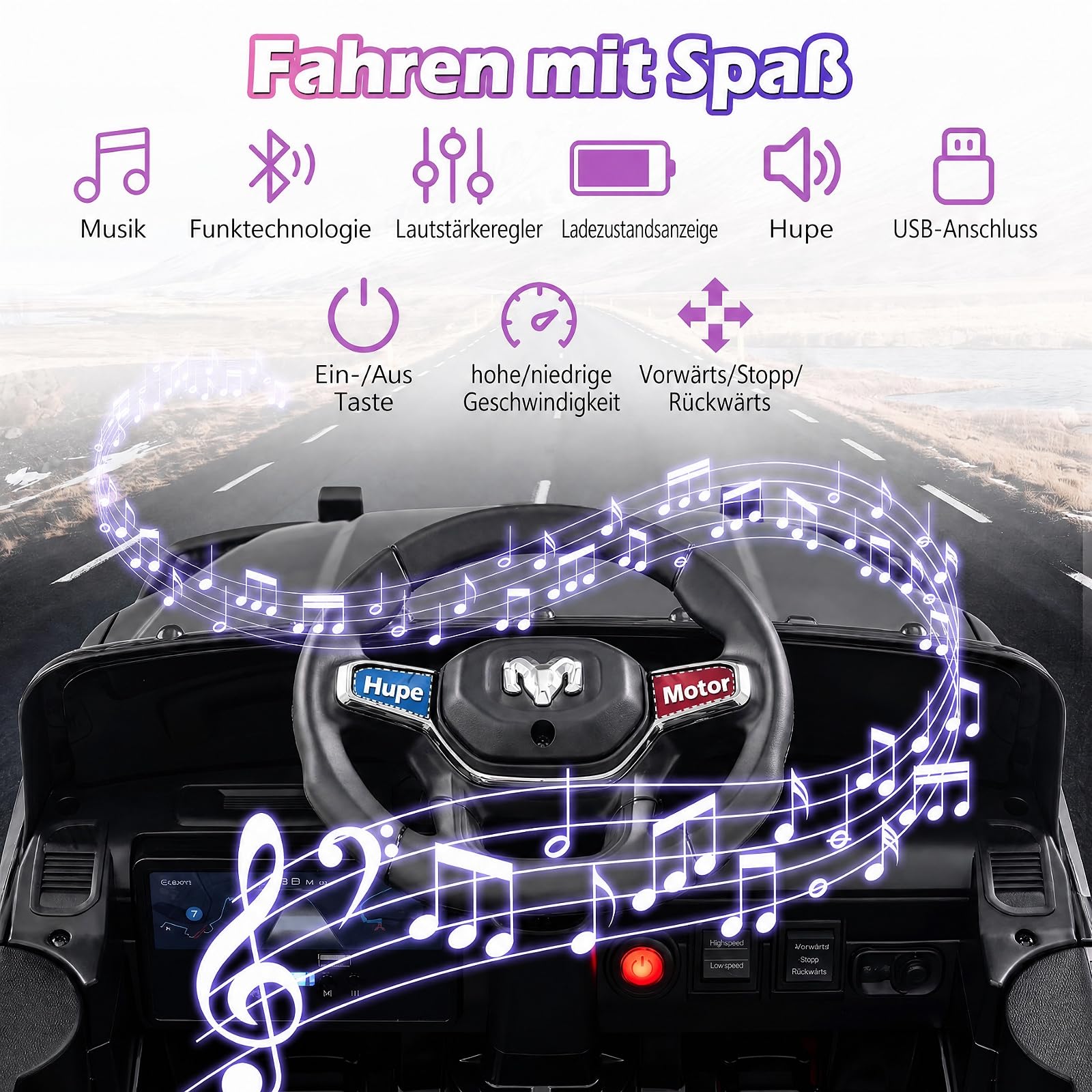 COSTWAY 12V Kinder Elektroauto, Kinderauto RAM für ab 3 Jahren (Schwarz) | Mit 2,4G-Fernbedienung, Musik, Hupe & helle Scheinwerfer, 3-Punkt-Gurt und verriegelbare Türen, bis zu 30 kg belastbar