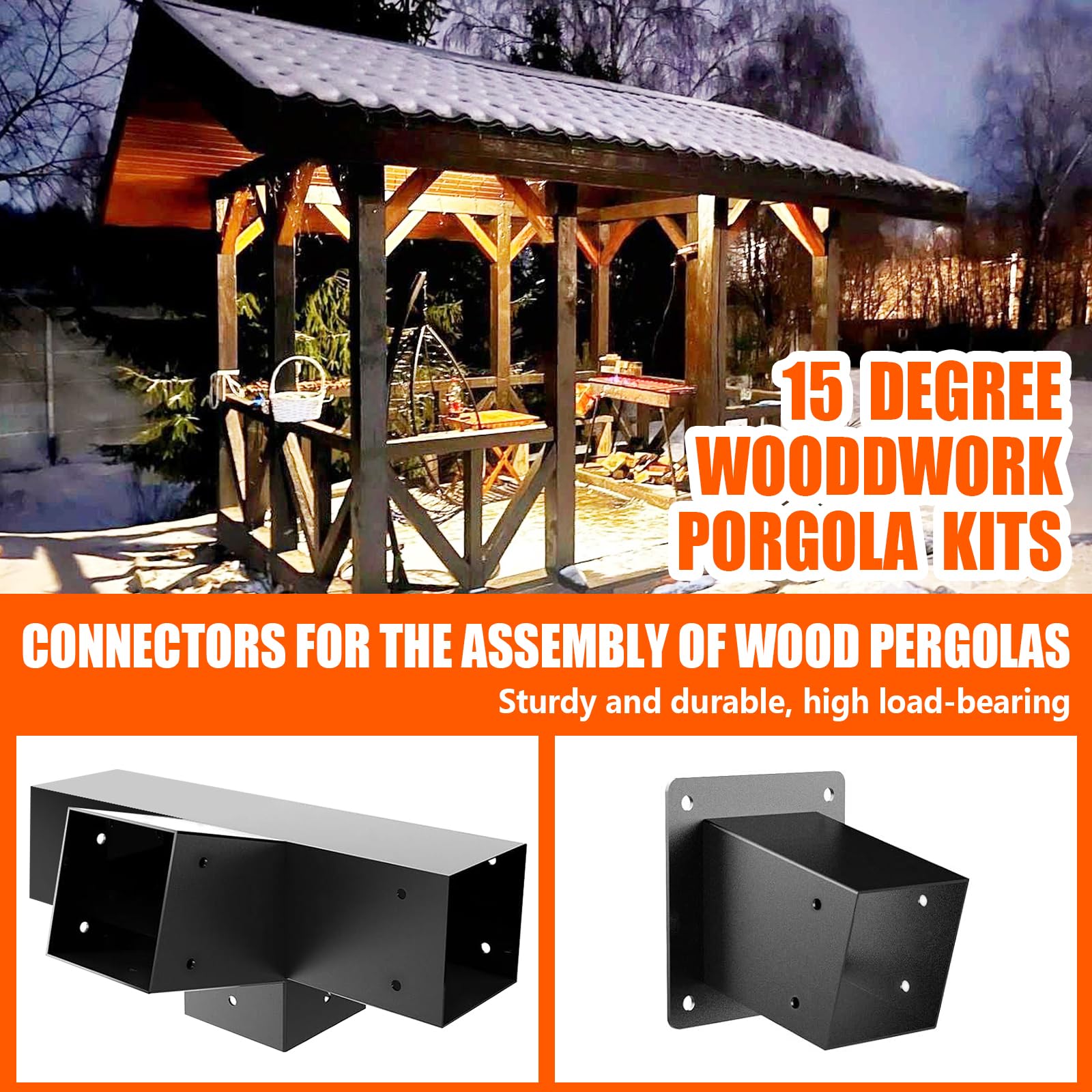 Kit di staffe per pergola a tetto inclinato a 15°, staffa angolare a 4 vie ad angolo retto con base per montaggio a parete per 4 x 4 (attuale: 8,9 x 8,9 cm) legname per pergolati, gazebo,