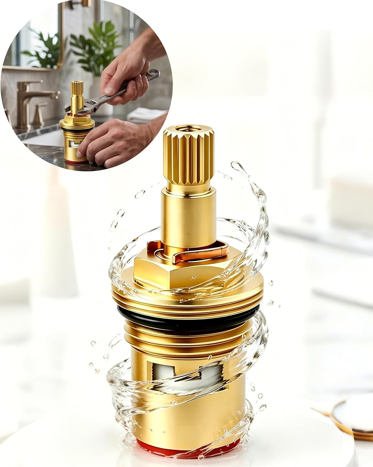 2-Pack Brass Faucet Cartridge Replacement,1/2" Ceramic Disc Hot/Cold Water Valve Core,Quarter Turn 20-Tooth Stem Kit for Kitchen Sink Bathroom Faucet - Lead Free,Stops Leaks & Restores Flow