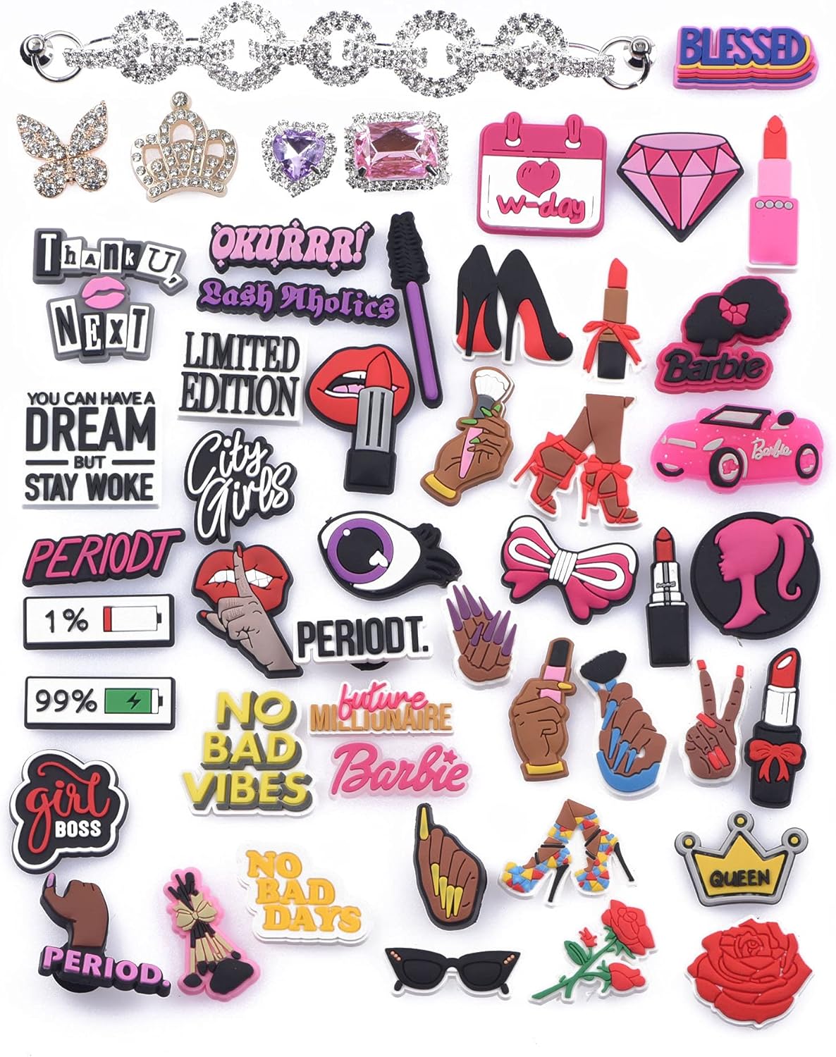 50 Pcs Pink Cartoon Shoe Charms Makeup Girl Decorations Bling Butterfly Bracelet Accessories Rhinestone Metal Chain Charm : Clothing, Shoes & Jewelry