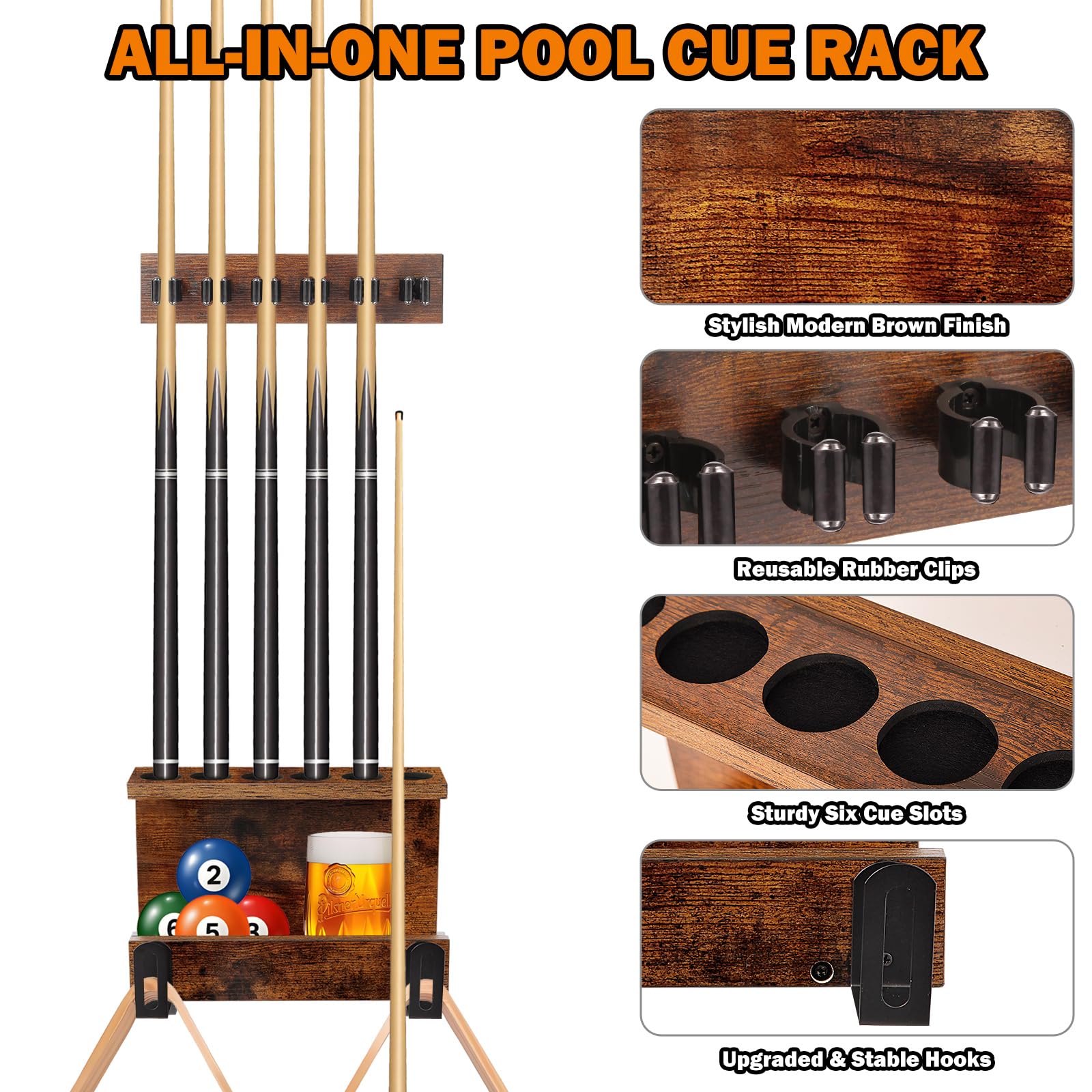 Supporto da parete per bastone da biliardo, organizer per 6 stecche da biliardo, organizer per accessori da biliardo con spazio sicuro, resistente supporto per stecca da biliardo in legno per