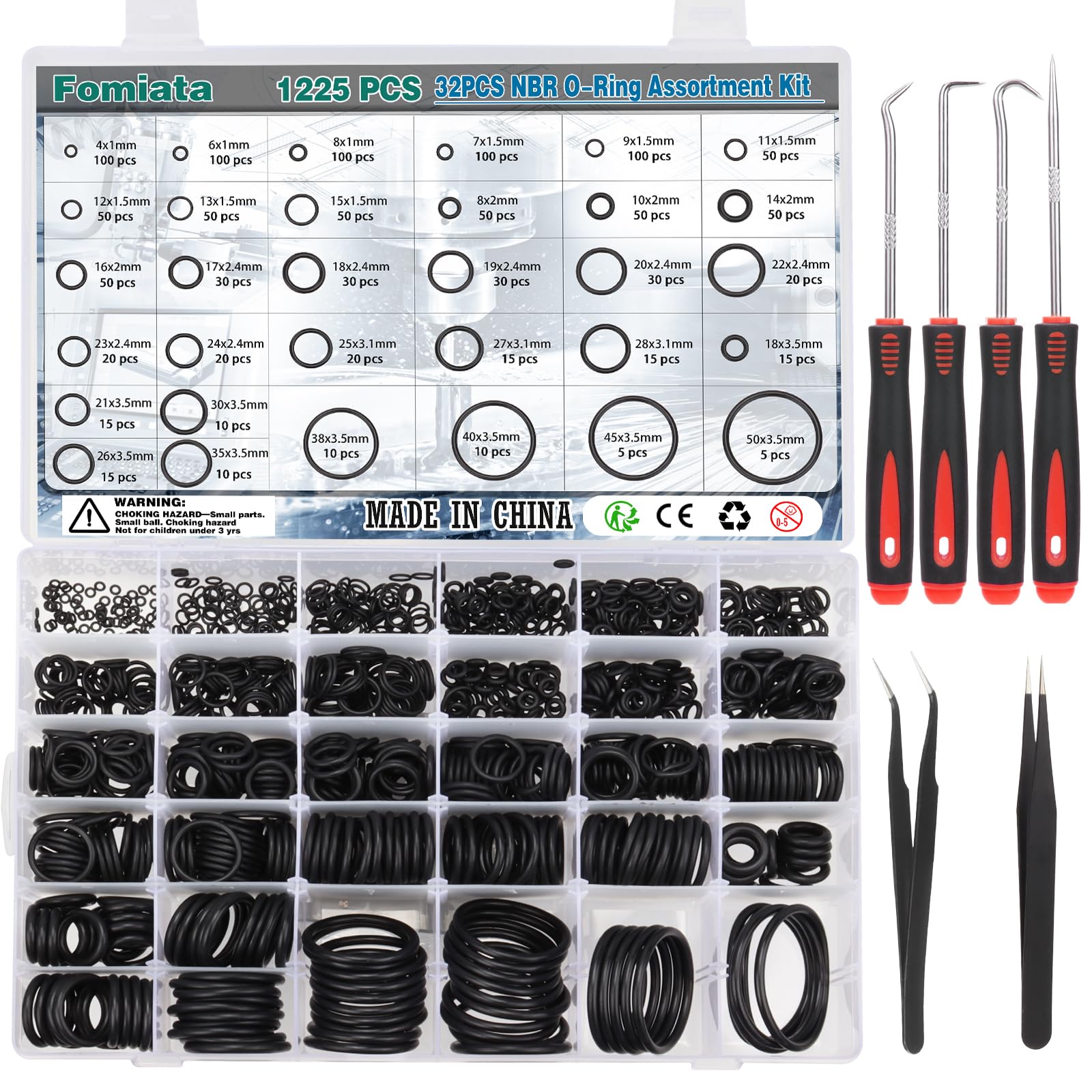 Kit de Joints Toriques 1225 Pièces, 32 Tailles, en Caoutchouc NBR, Avec 4 Crochets et 2 Pincettes pour Sanitary