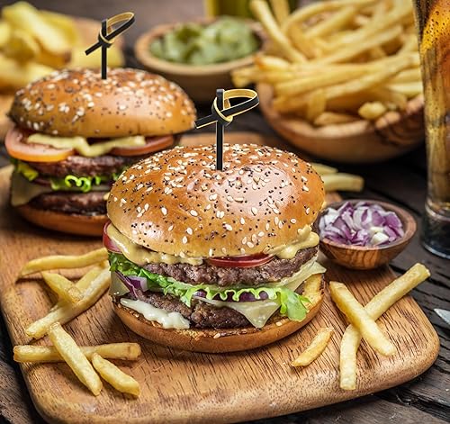 Miniatura 4 de sugormek 300 púas de cóctel de bambú de 4.7 pulgadas con nudo en bucle, color natural, para fiesta de cóctel, barbacoa, sándwiches de club (negro,