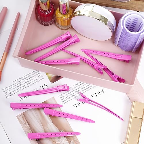 Miniatura 6 de Bantoye - Paquete de 24 pinzas de pato, 3.35 pulgadas de metal inoxidable con agujeros para peinar el cabello, coloración del cabello, rojo rosa