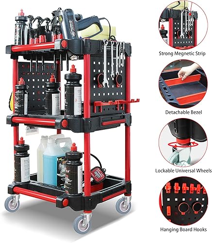 Miniatura 3 de Carrito profesional de 3 niveles para detalles de automóvil, resistente capacidad de 440 libras, organizador de utilidad rodante con placas y