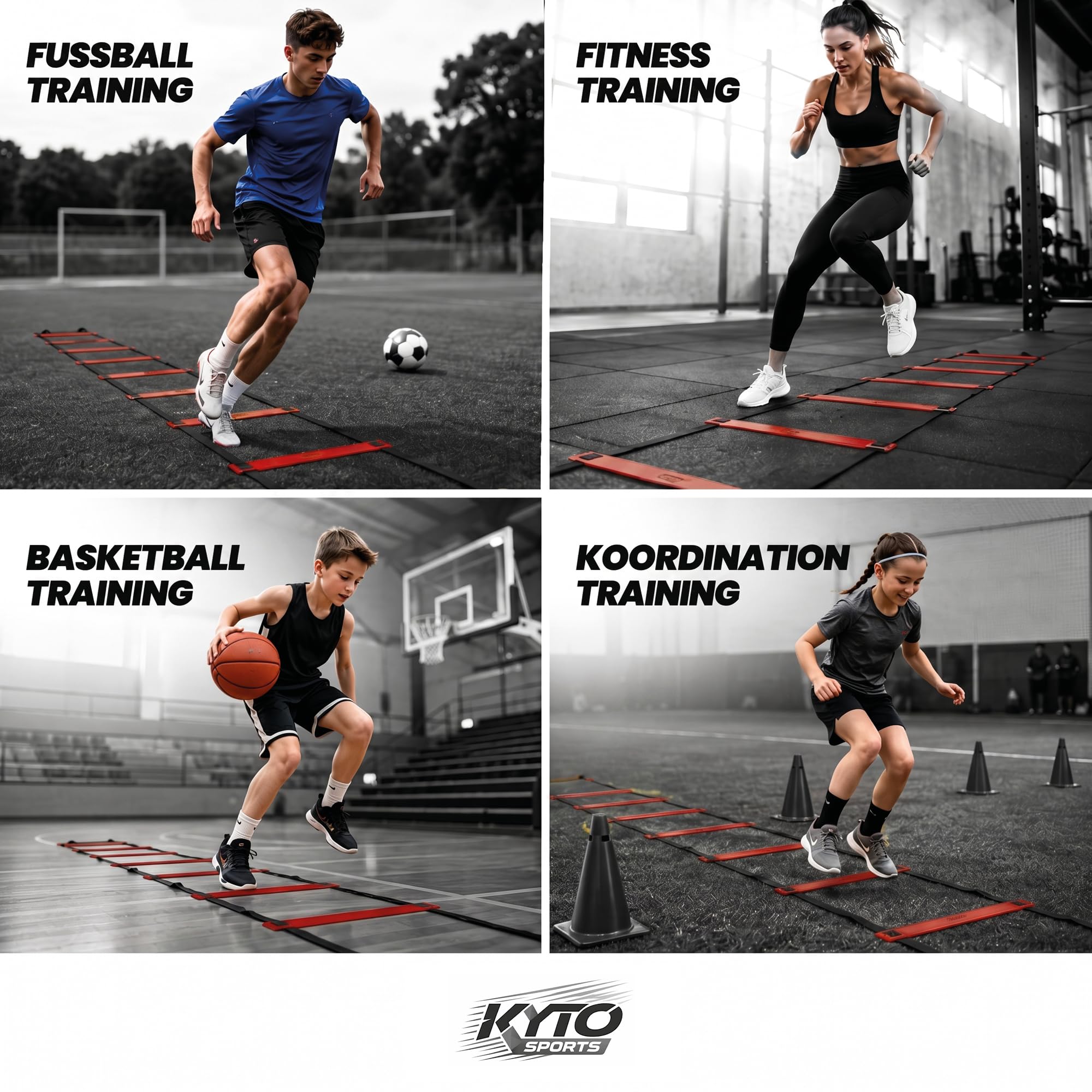 Kyto Sports Fußball Trainingsset für Kinder & Erwachsene – 5-teiliges Fußball Set mit Kickmatte, Solo Trainer, Koordinationsleiter, Markierungshütchen & Ballpumpe - Technik, Dribbling & Agility