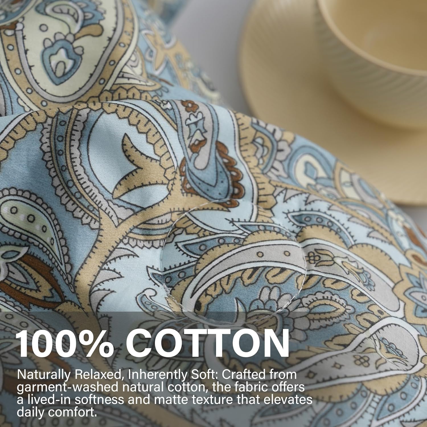 Blue Paisley Comforter Set Queen, 100% Cotton Boho Paisley Pattern Comforter Set 3 Pcs Soft Cotton Lightweight Comforter All Season Down Alternative Bedding Sets