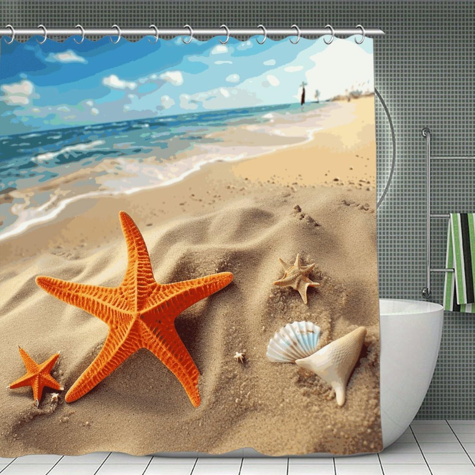 FekiLoot Sea Beach Starfish Shower Curtain Minimalist Thick Bathroom Curtain Washable Modern Bathroom Shower Curtain Heavy Duty Waterproof Cloth Bath Curtain with Hooks 70.8"x70.8"