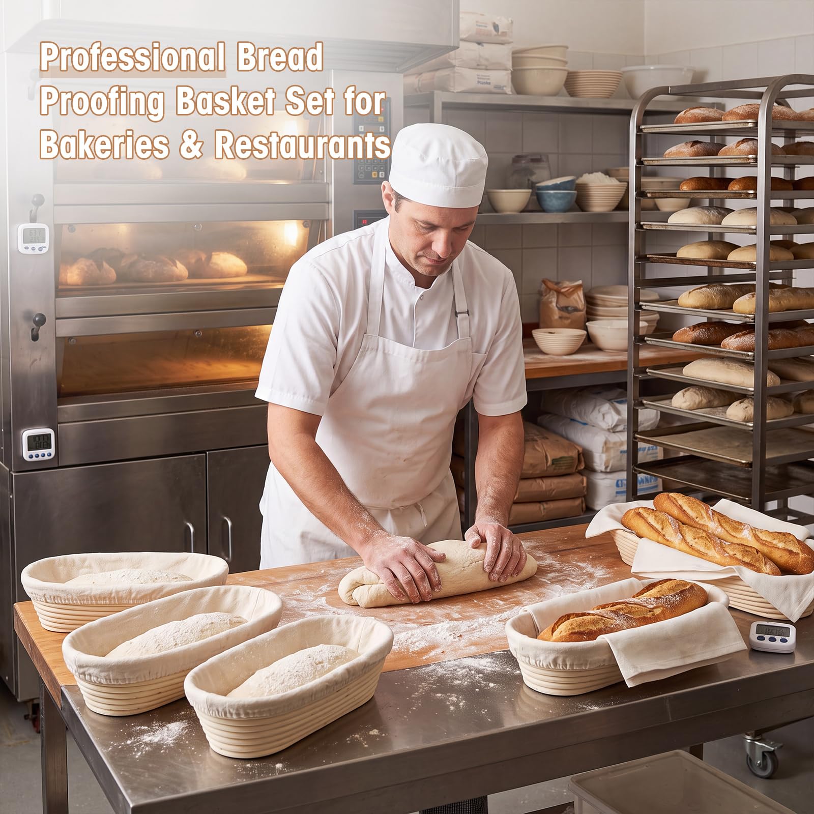 Vesici Baguette-Banneton-Gärkörbe, 35,6 cm, 6 Stück, mit Leineneinsatz, Baguette-Banneton, Brotbackkörbe, Rattan-Teiggärkörbe für Zuhause, Backzubehör, Backgeschenke