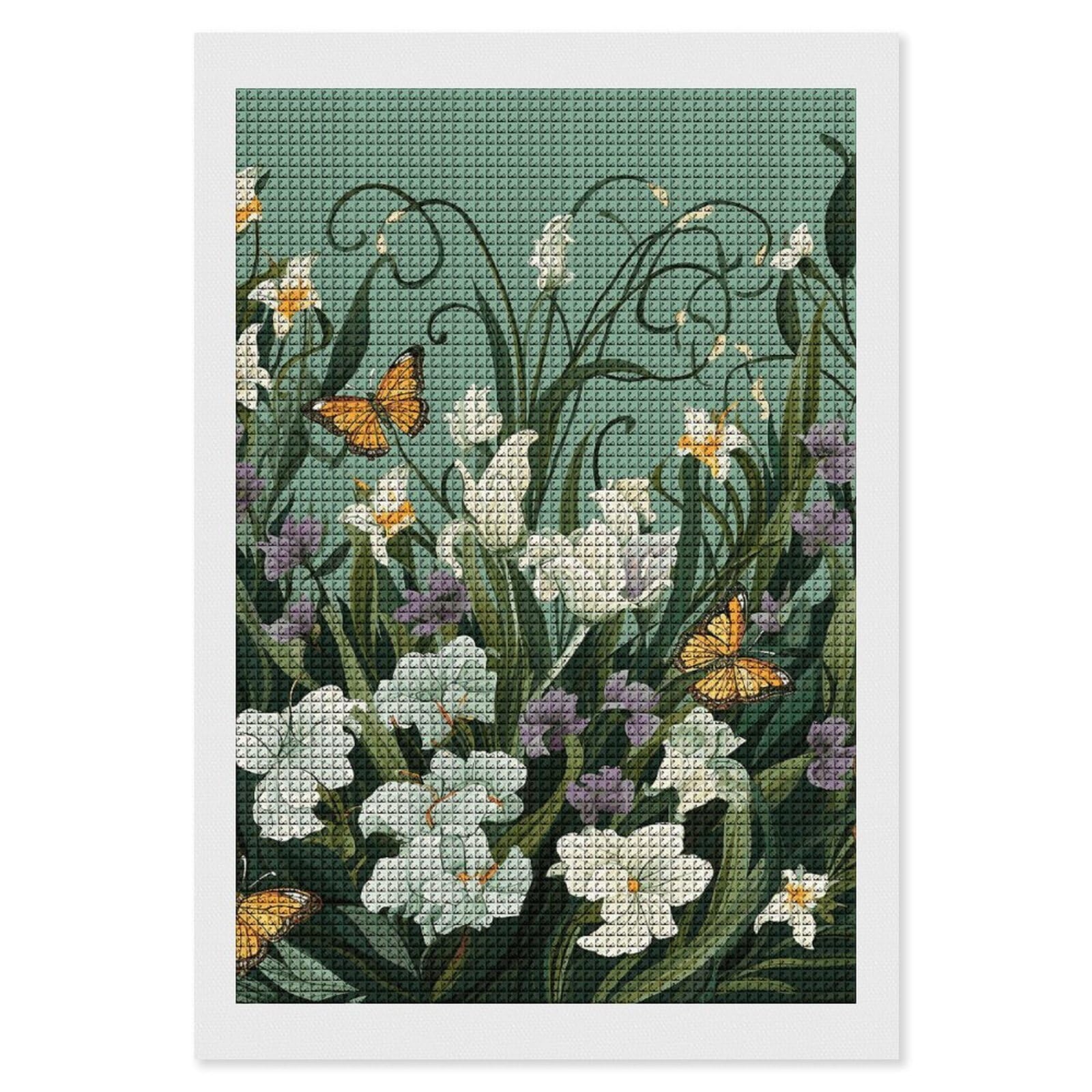 Flowers And Butterflies on Green Background Diamond Art Kits for Adults, DIY 5D Diamonds Painting Kits for Beginner, Round Full Drill Diamond Dots Painting, 8"x12" Diamonds Pictures Gem Art And Crafts