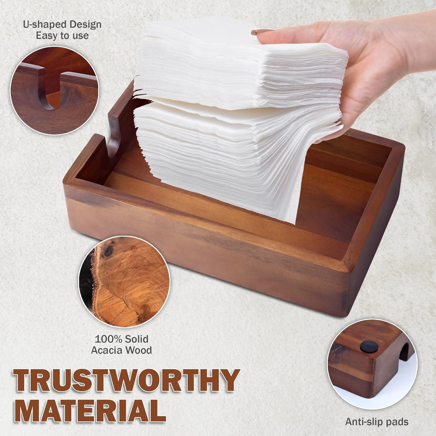 Acacia Guest Towel Napkin Holder 10x6", Paper Hand Towels Tray Holds Paper & Cloth Linen Napkin on Table, Kitchen Counter, Bathroom - Durable, Natural, Dark Stained Organizer for Party, Wedding, Event - Image 3