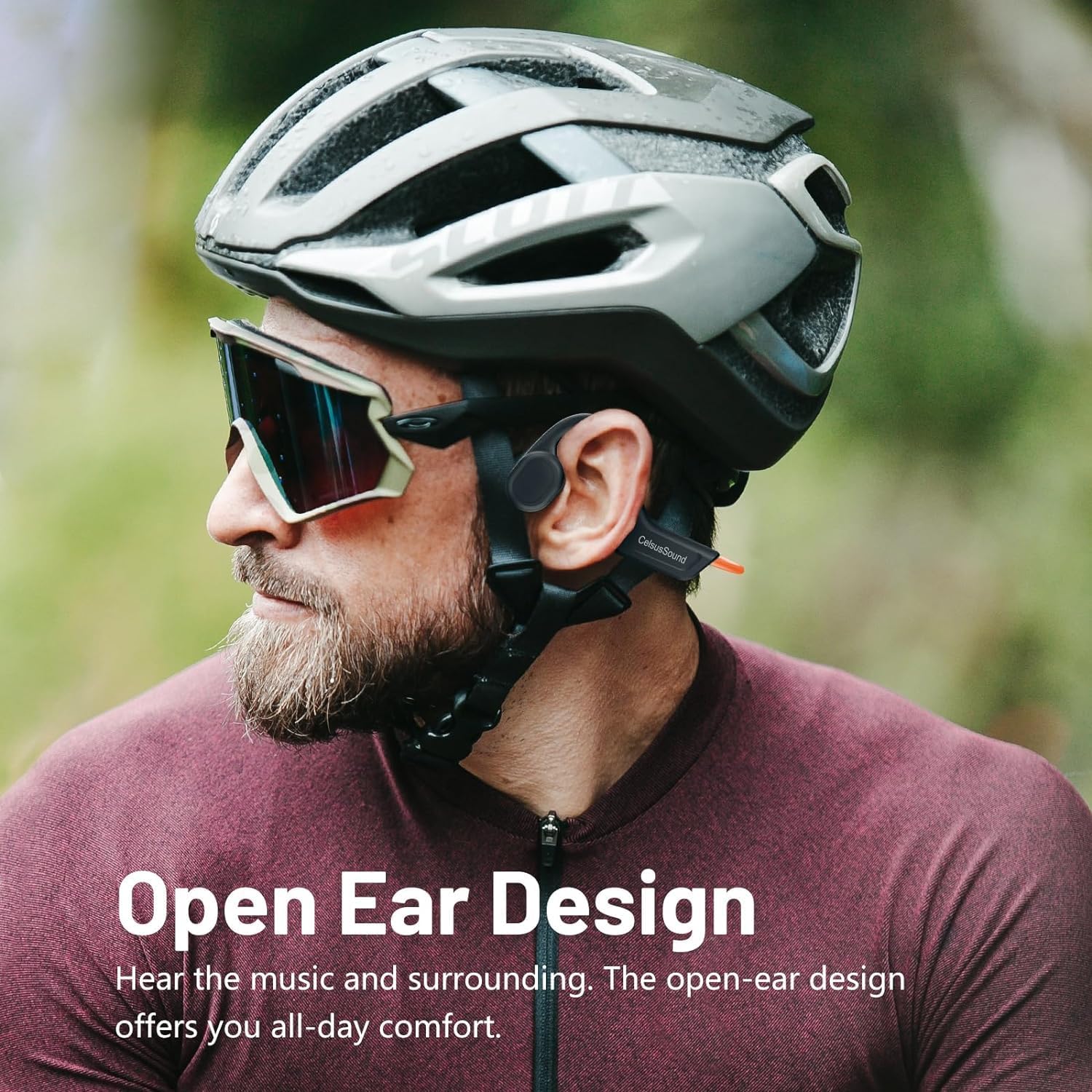 Person wearing CelsusSound S800C headphones with 'Open Ear Design' text