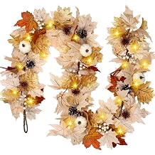 Fall Decor 6FT Lighted Fall Garland with Lights & Timer, Full Autumn Light Up Fall Leaf Mantle Garland with Pumpkin Berries Pinecone, Indoor Fall Thanksgiving Decorations for Home Fireplace Porch Door
