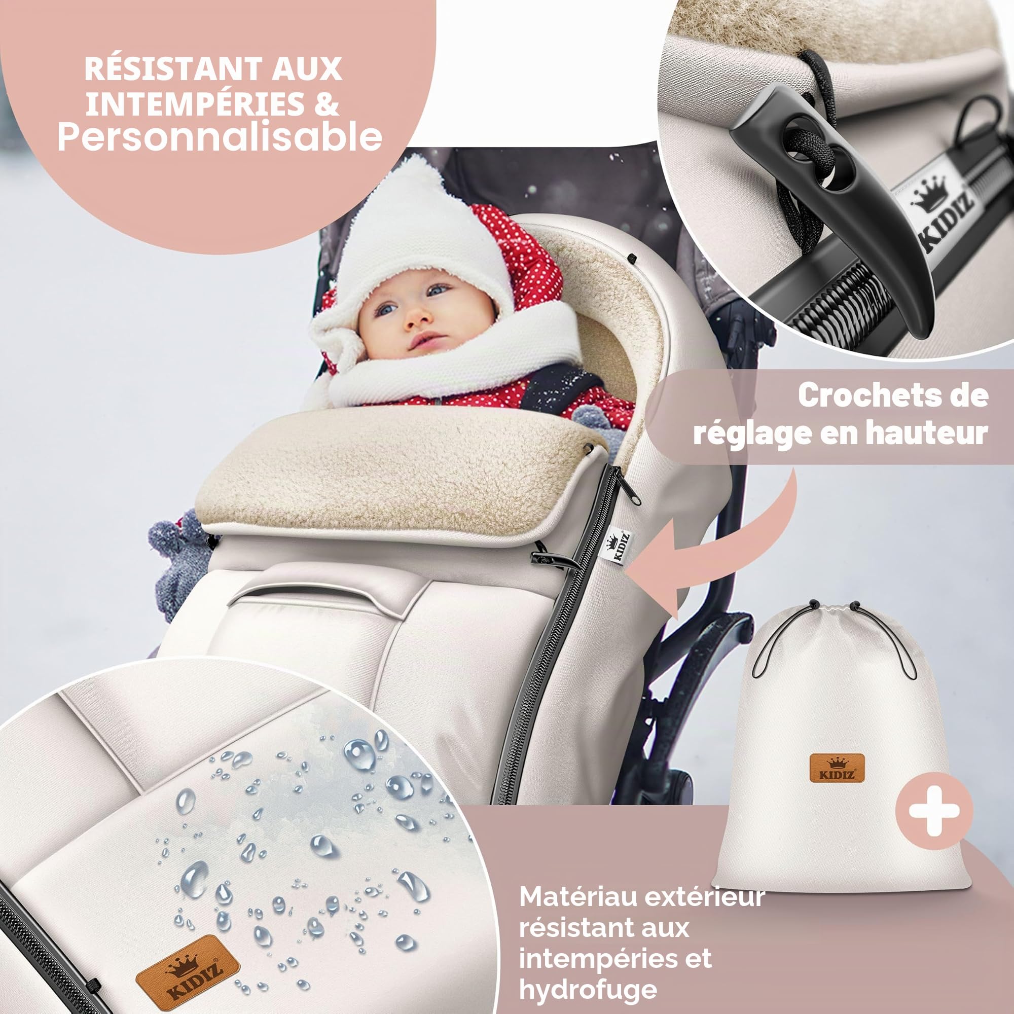 KIDIZ® Chancelière pour Bébé Chancelière d'hiver avec Fermeture à Glissière Couverture pour Bébé Poussette Lavable Tête Fermable, Poche, Adaptable à Toutes les Poussettes - Beige