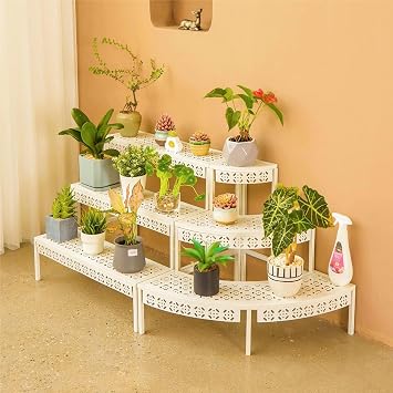 aboxoo 3 Tiers Metal Plant Stand,Rectangular Ladder Flower Pots Outdoor Plant Rack, Indoor Plant Display Rack, Heavy Duty Utility Storage Organizer for Home Garden Patio Balcony, Stair Style(White)