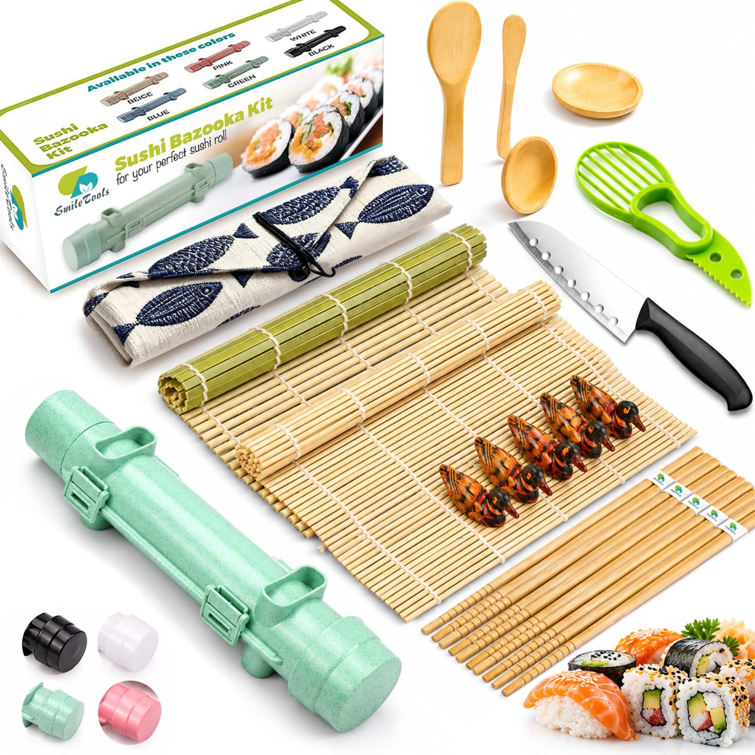SmileTools Sushi Making Kit, 22 in 1 Sushi Roller Sushi Maker Kit with Bamboo Sushi Rolling Mats, Bazooka, Chef's Knife, Chopsticks, Sauce Dishes, Rice Spreader, Avocado Slicer, Guide Book