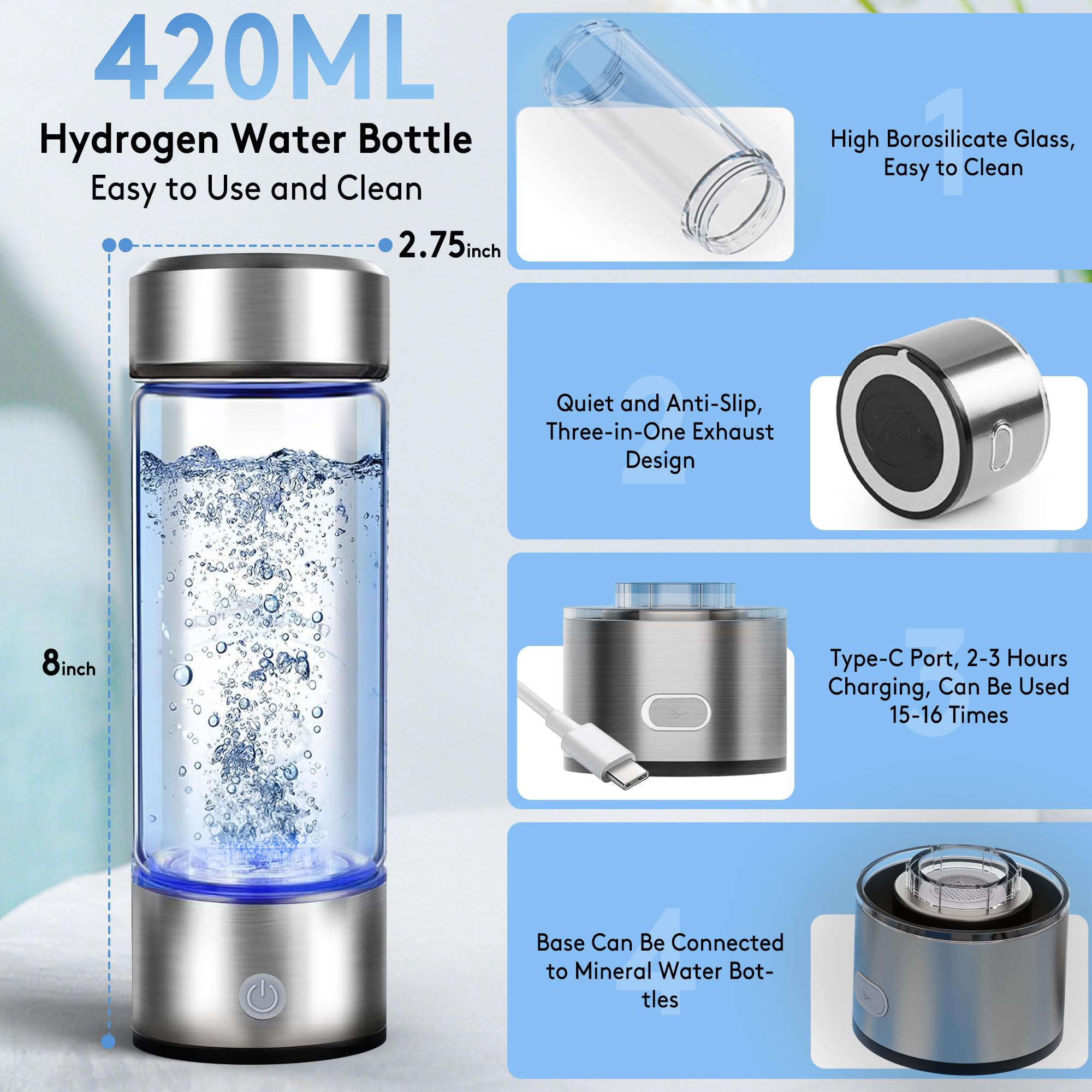 2026 New Hydrogen Water Bottle, 2800PPB in 3Min, SPE PEM Tech, Portable 16OZ, Rechargeable Hydrogen Water Bottle for Travel, Home, Office – Gift for Family & Friends (XR-14)