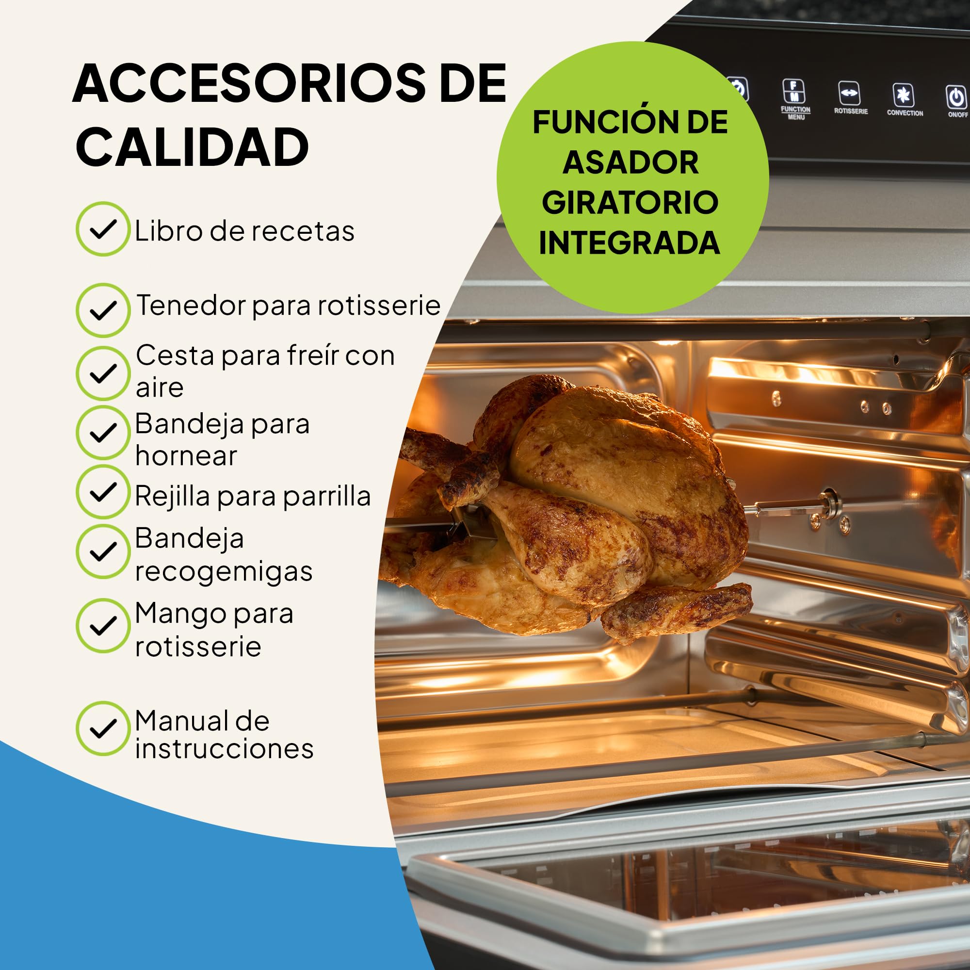 Fridja F77 Horno Súper Pro de 30L – Horno Freidora de Aire Digital LED Premium – 18 Programas Inteligentes, Función de Asador Giratorio (Rotisserie), Fácil de Limpiar, Rápido, Potente y Versátil, Inte