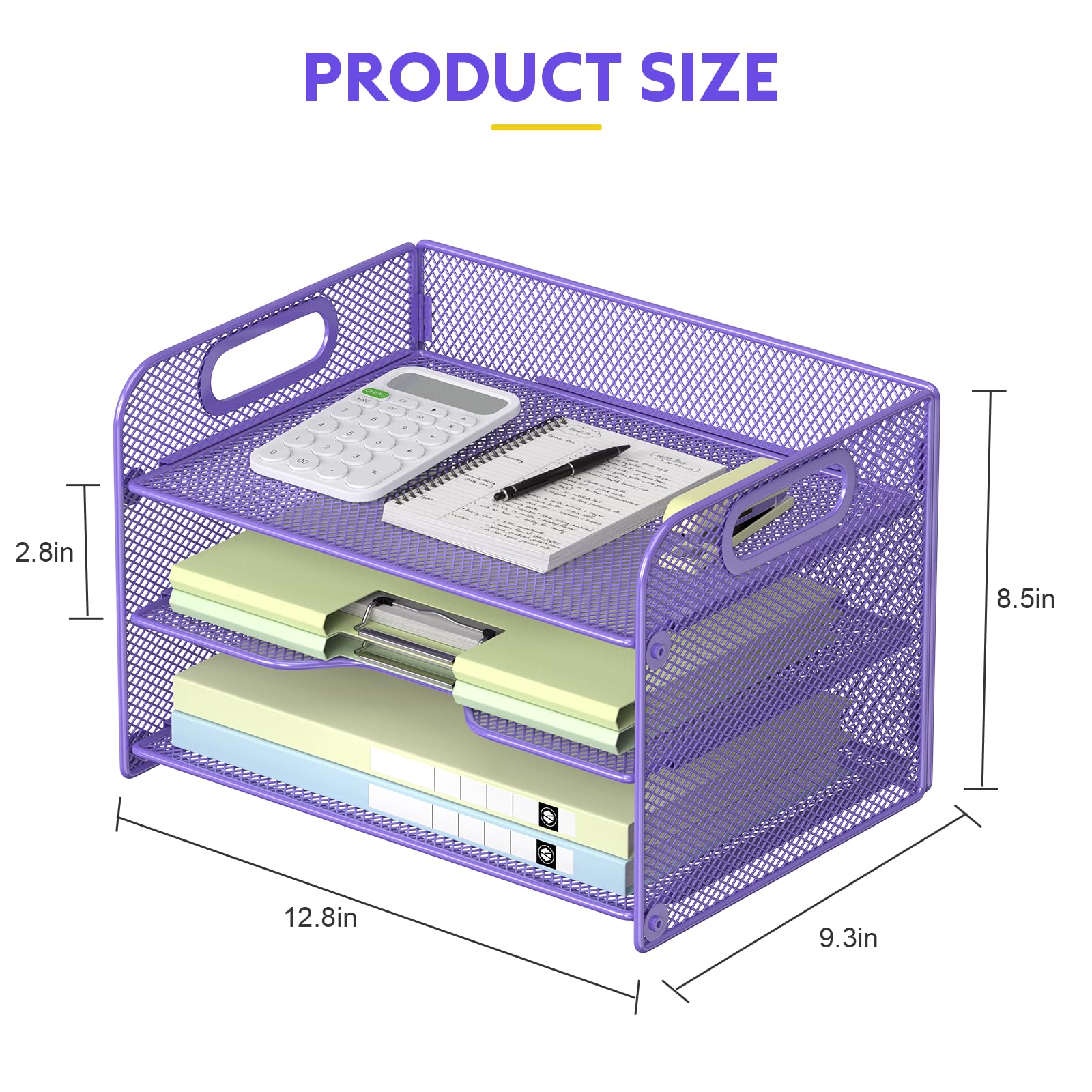 Organiseur Bureau 3 Niveaux Violet Avec Poignée – Bac à Papier A4 En Maille Métal, Trieur Fichiers Lettres Dossiers, Rangement Bureau École