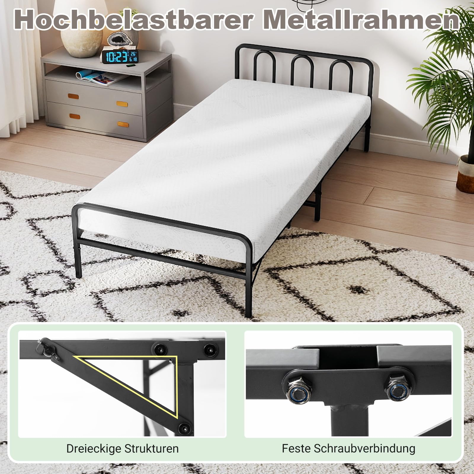 COSTWAY Klappbett 90x200 Erwachsene, Bett klappbar mit 10 cm Matratze, bis 220 kg, Gästebett Metallrahmen, Bettgestell mit Memory-Schaum & Kopfteil, Einzelbett für Gästezimmer, Weiß