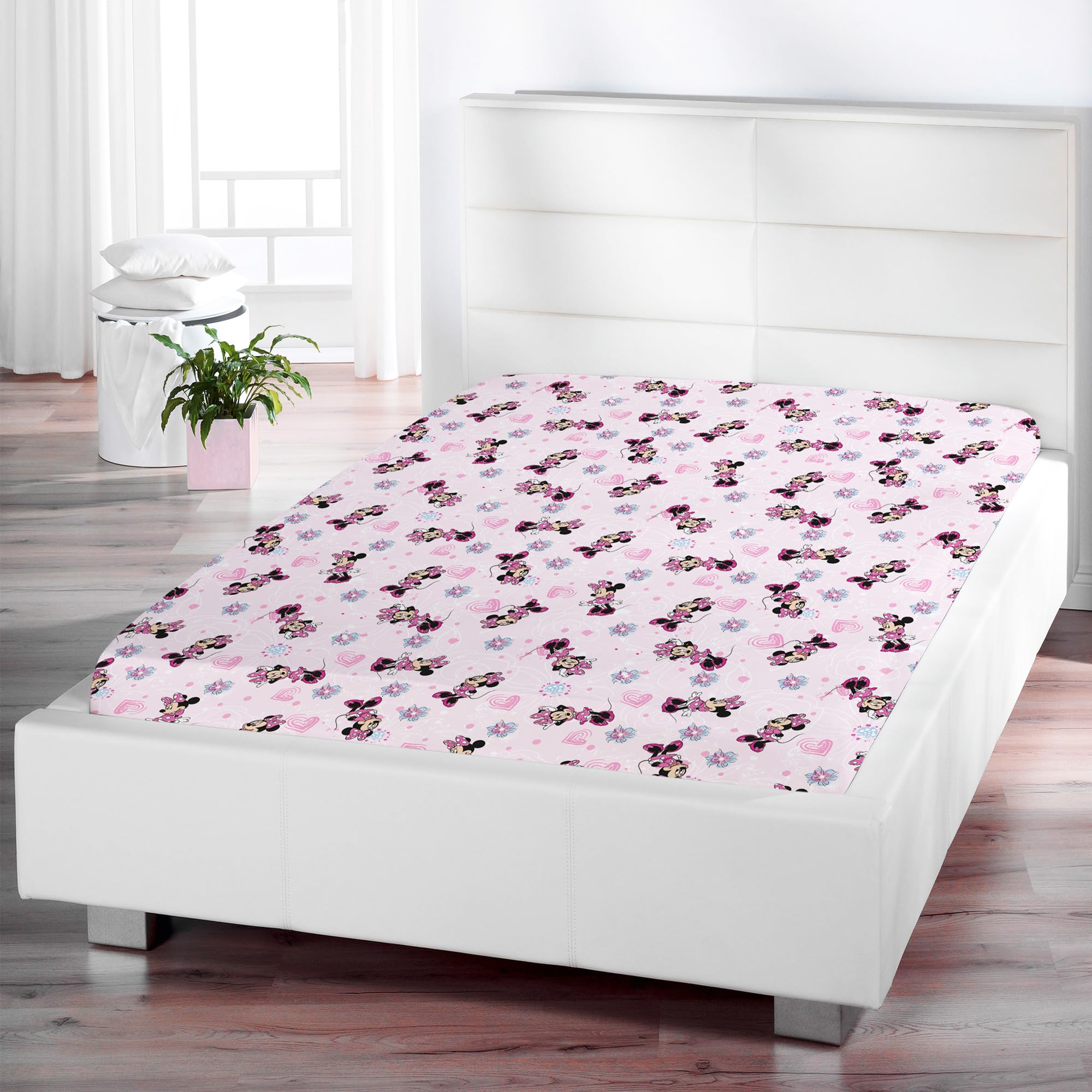 Minnie, lenzuolo con angoli elasticizzati con motivo floreale, rosa, 90/100 cm x 190/200 cm, 100% cotone, motivo: Minnie Topolino Disney Mickey Sweet Love, lenzuolo con angoli elasticizzati per