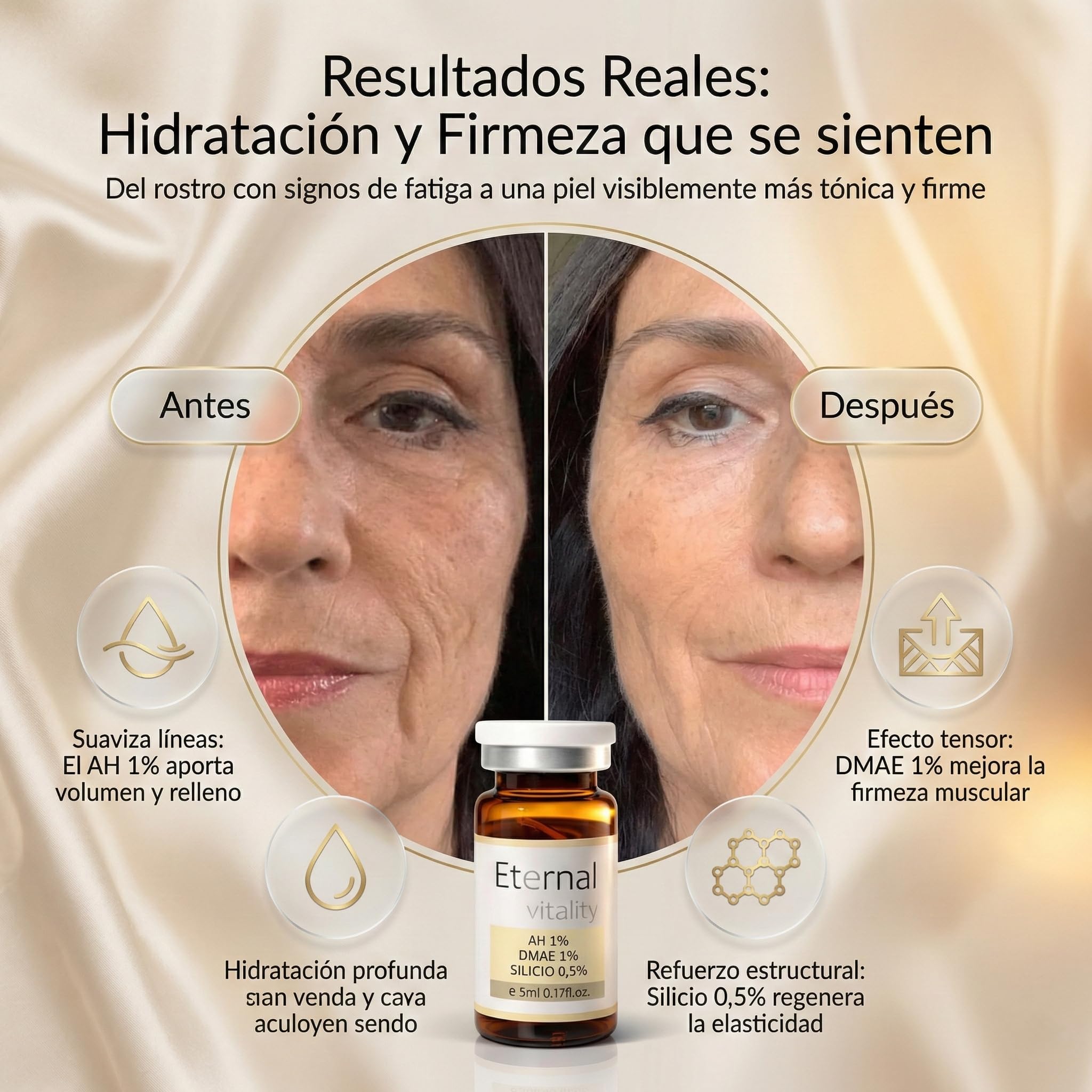 Ácido hialurónico 1% + DMAE 1% + Silicio orgánico 0.5%,viales 5ml. Suero facial reafirmante anti edad. Hidratación intensiva y efecto lifting natural. (3 Viales)