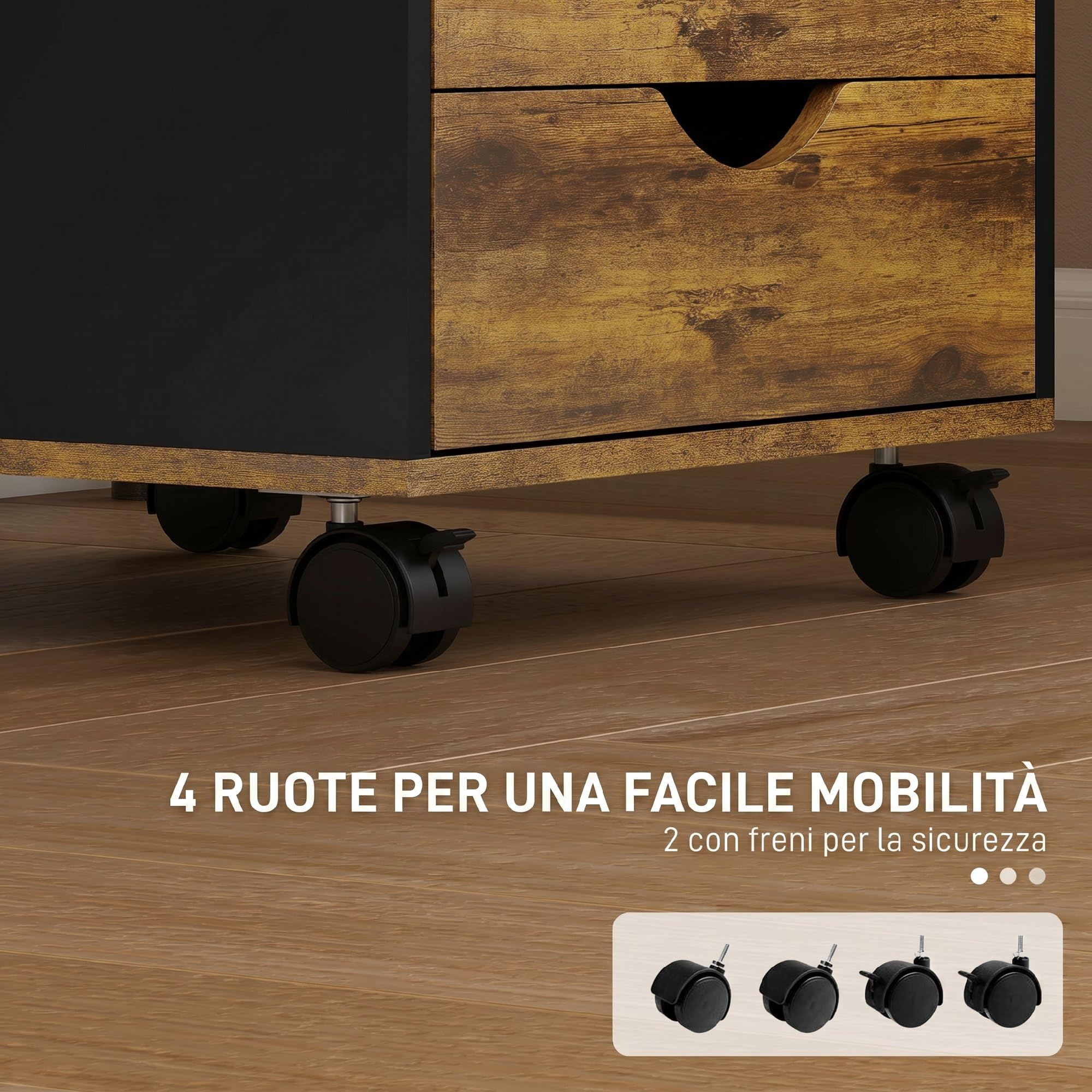 HOMCOM Schedario da Ufficio 5 Cassetti Ruote a Freni 40x40x67 cm Marrone | Cassettiera Ufficio per Lettera/Formato A4, Armadietto Verticale per Studio