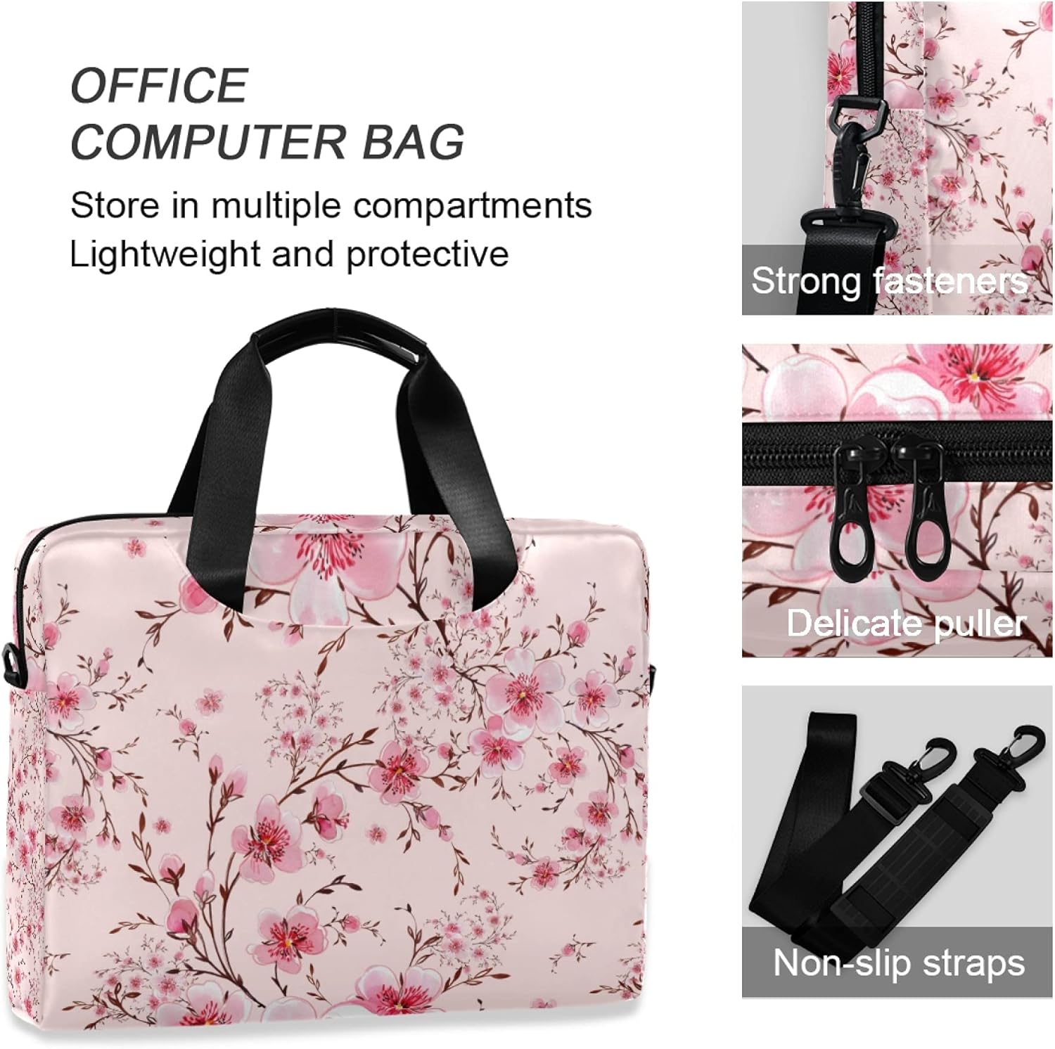 ALAZA Pink Cherry Blossom Flower Floral Laptop Case Bag Sleeve Portable Crossbody Messenger Briefcase w/Strap Handle, 13 14 15.6 inch