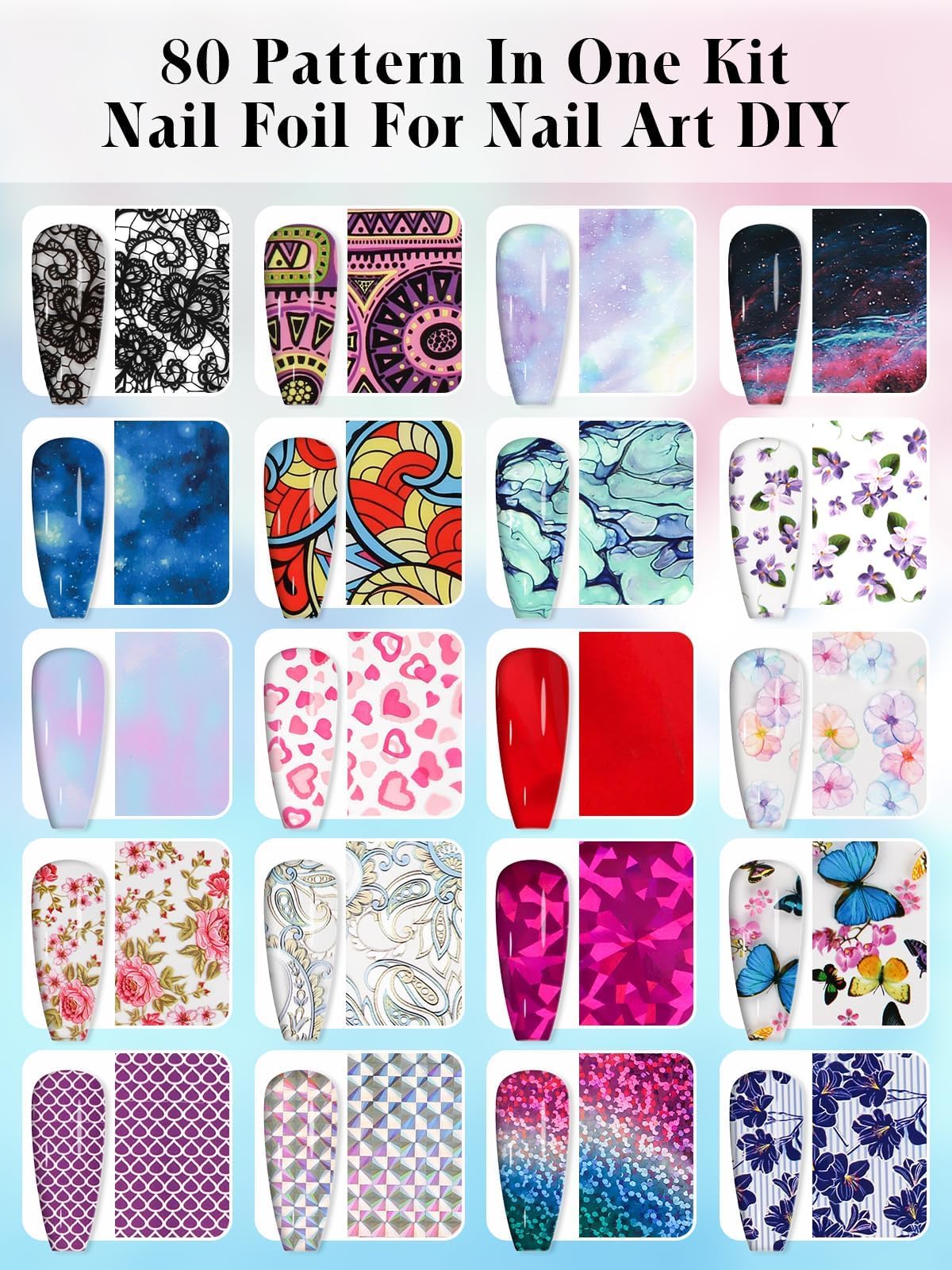EBANKU Set di colla e gel per nail art, 30 ml di colla per unghie con 80 adesivi transfer a forma di fiore, farfalla e pizzo classico per manicure fai da te o salone, lampada UV LED necessaria