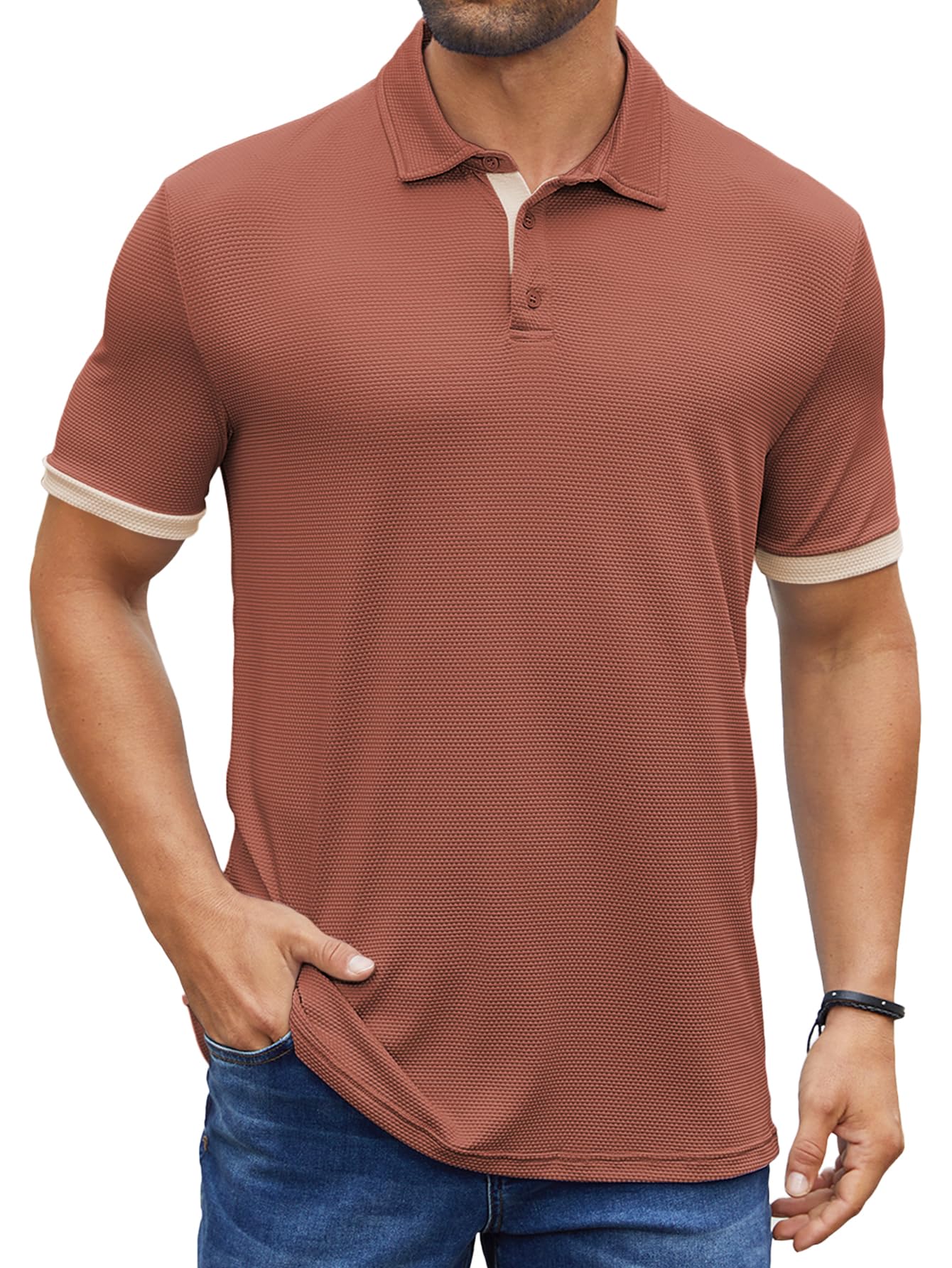 Hardaddy Men's Color Block Short Sleeve Polo Shirts Dry Fit Wrinkle Free Casual Lightweight Collared T-Shirts