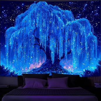 Simpkeely Schwarzlicht Sternennacht Baum Tapisserie UV Reaktiv Neon Weide Baum des Lebens Wandbehang Glow in the Dark Galaxy Mystische  sthetik Wandkunst f r Schlafzimmer Wohnzimmer - 130x150cm