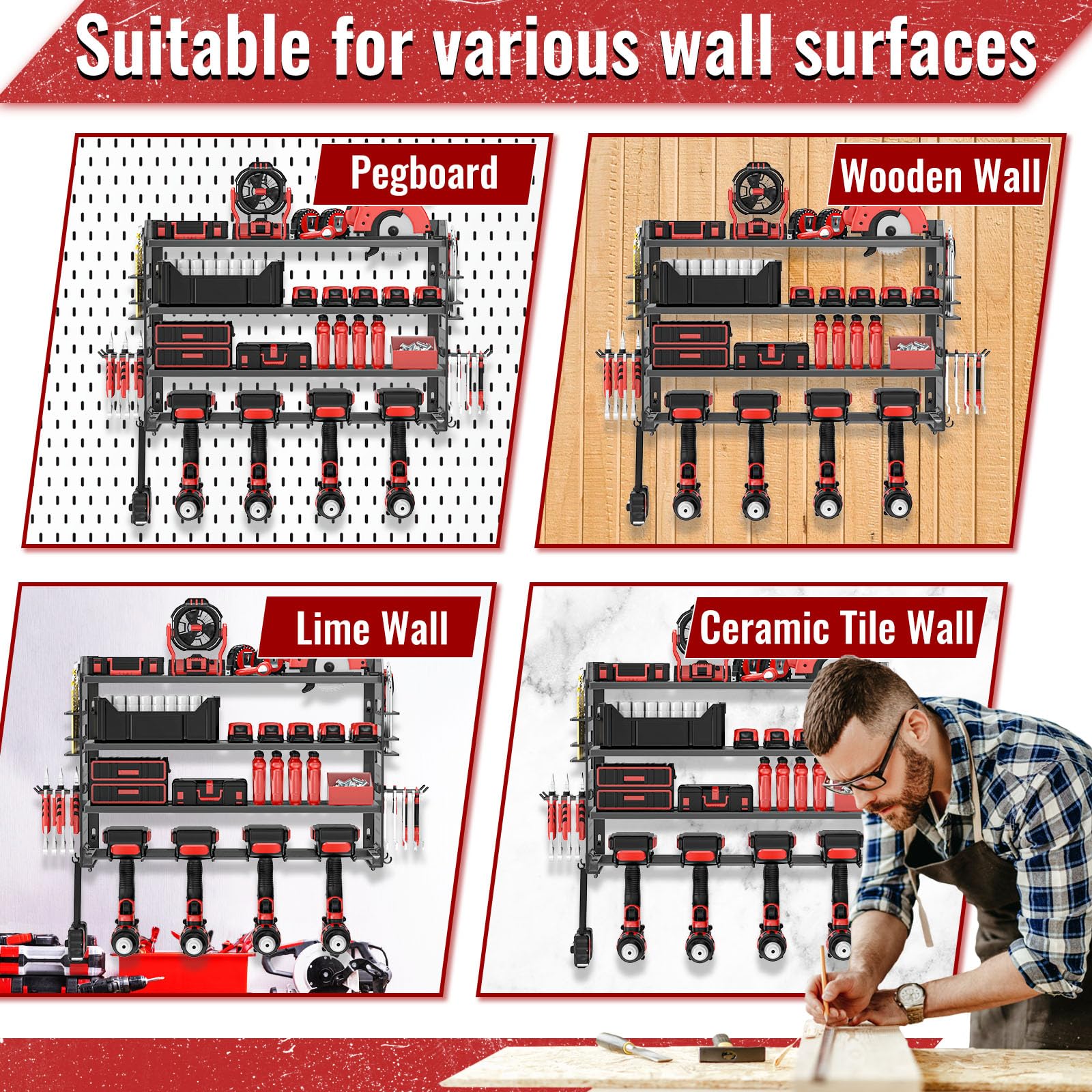 Soporte de pared para herramientas, soporte de metal, para garaje, taller, con soporte lateral para destornillador, para garaje, taller (negro, 4 cámaras)