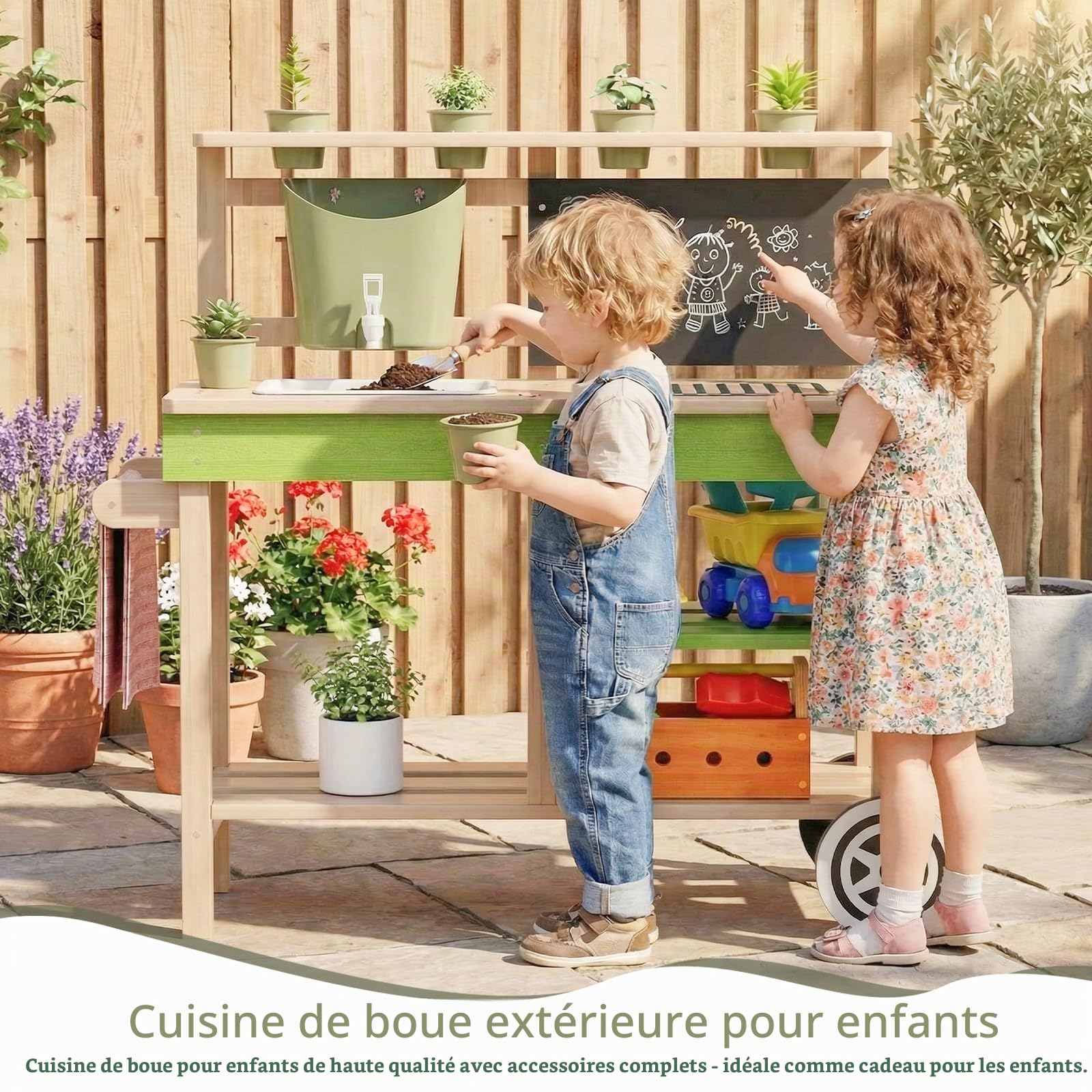 MAMIZO Cuisine Enfant Extérieure en Bois, Jardin Cuisine Jouet avec Roues, Robinet Fonctionnel, 4PCS Jardinières, Tableau, Étagères et évier, 88,5x33,5x85 cm, pour Les Enfants de 3 à 8 Ans