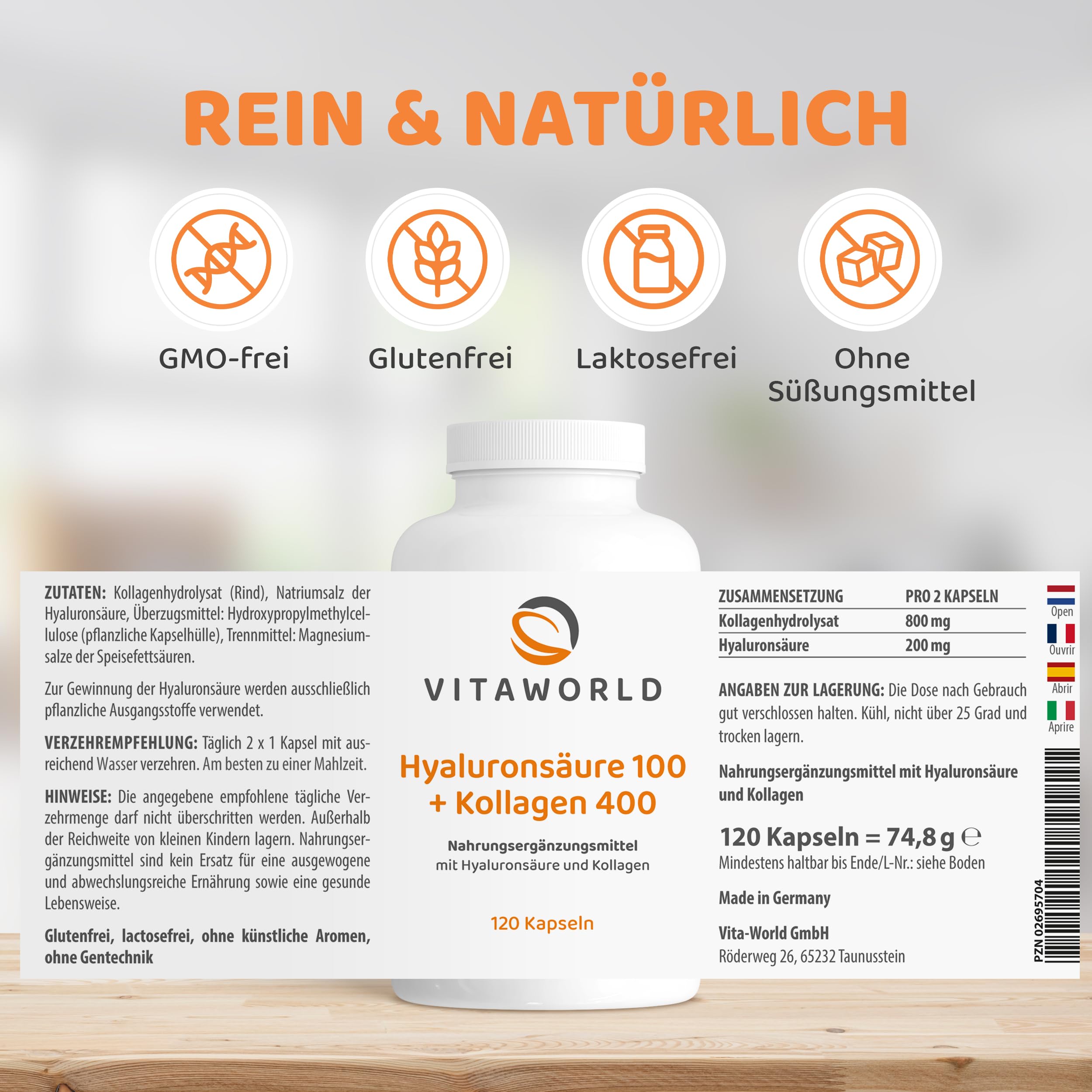 Hyaluron Kollagen Kapseln - hochdosierte 200 mg Hyaluronsäure + 800 mg Kollagen pro Tag (120 Kapseln) – bioaktive Collagen Peptide – Collagen Kapseln ohne Zusätze, laborgeprüft, glutenfrei – vitaworld