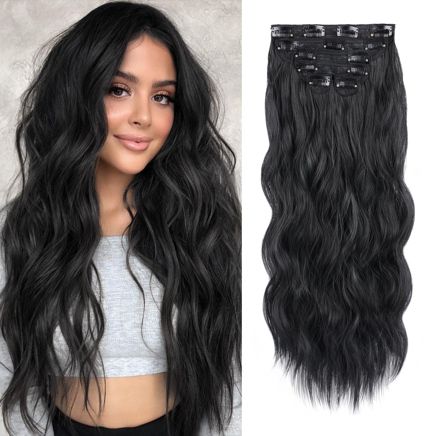 Amazon.com : WECAN Clip In Natural Black Hair Extensions 20  display picture 2