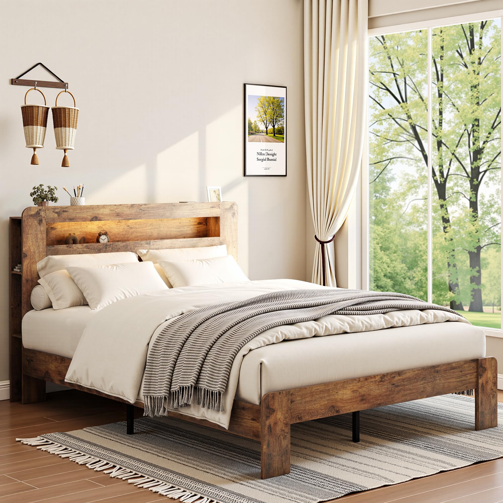 King Bed Frame, Wood Platform Bed Frame King Size, Storage Headboard with Charging Station and LED Lights, Vintage Rustic King Size Bedframe, Wood