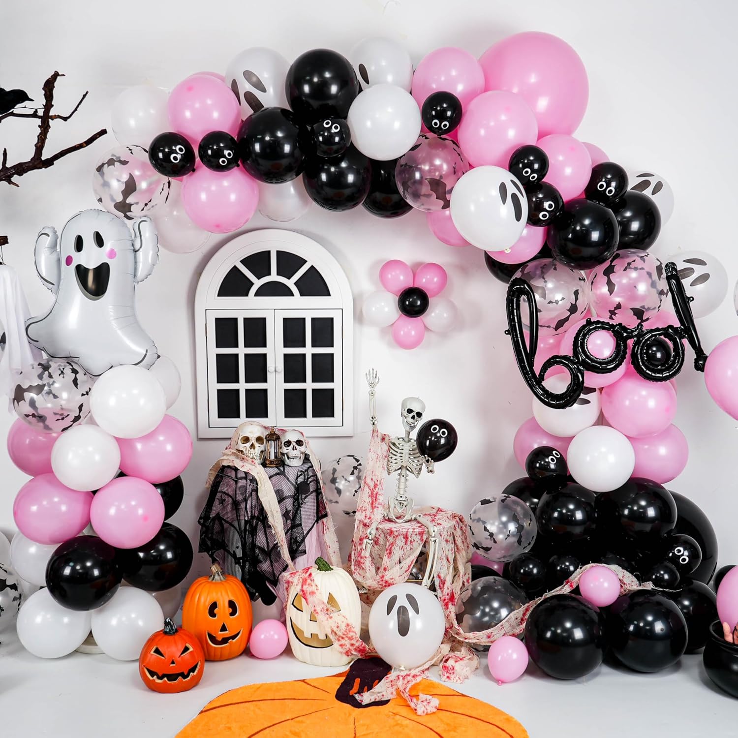 Halloween Balloon Arch Kit, Black Pink Balloons Garland Arch Kit with Large Ghost and BOO Foil Balloon, Eyes Bat Ghost Printed White Balloons For Halloween Decorations Home Garden Party Supplies - Image 4