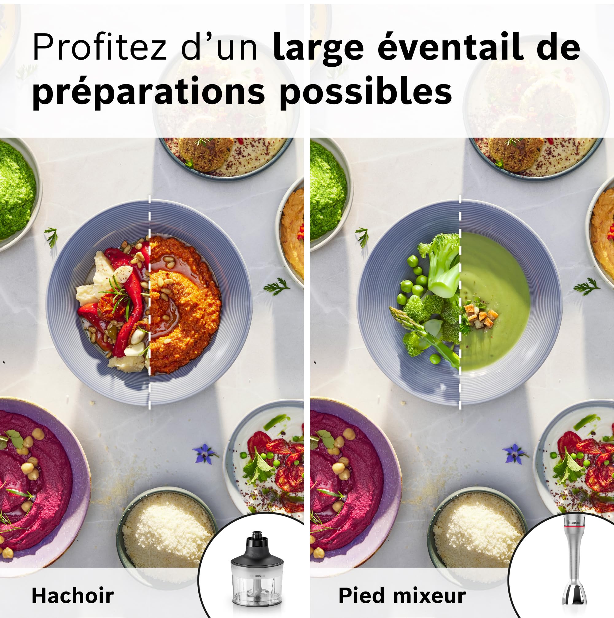 Bosch, mixeur plongeant, ErgoMaster Série 8, moteur 1500 W, réglage de vitesse intuitif, 6 lames, accessoires inclus, acier inoxydable, MSM8M930