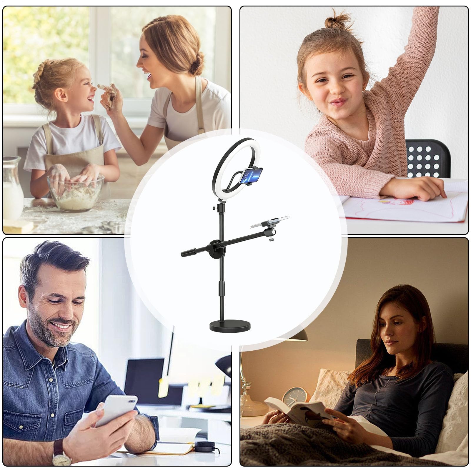 Ring Light Overhead - Supporto regolabile per selfie con supporto per | telefono, supporto flessibile per treppiede, illuminazione a LED per classi, riprese video, creazione di contenuti