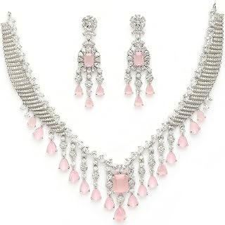 ZENEME Rhodium Plated Silver Toned American Diamond Studded Necklace With Earrings Jewellery Set For Women & Girls Price In India