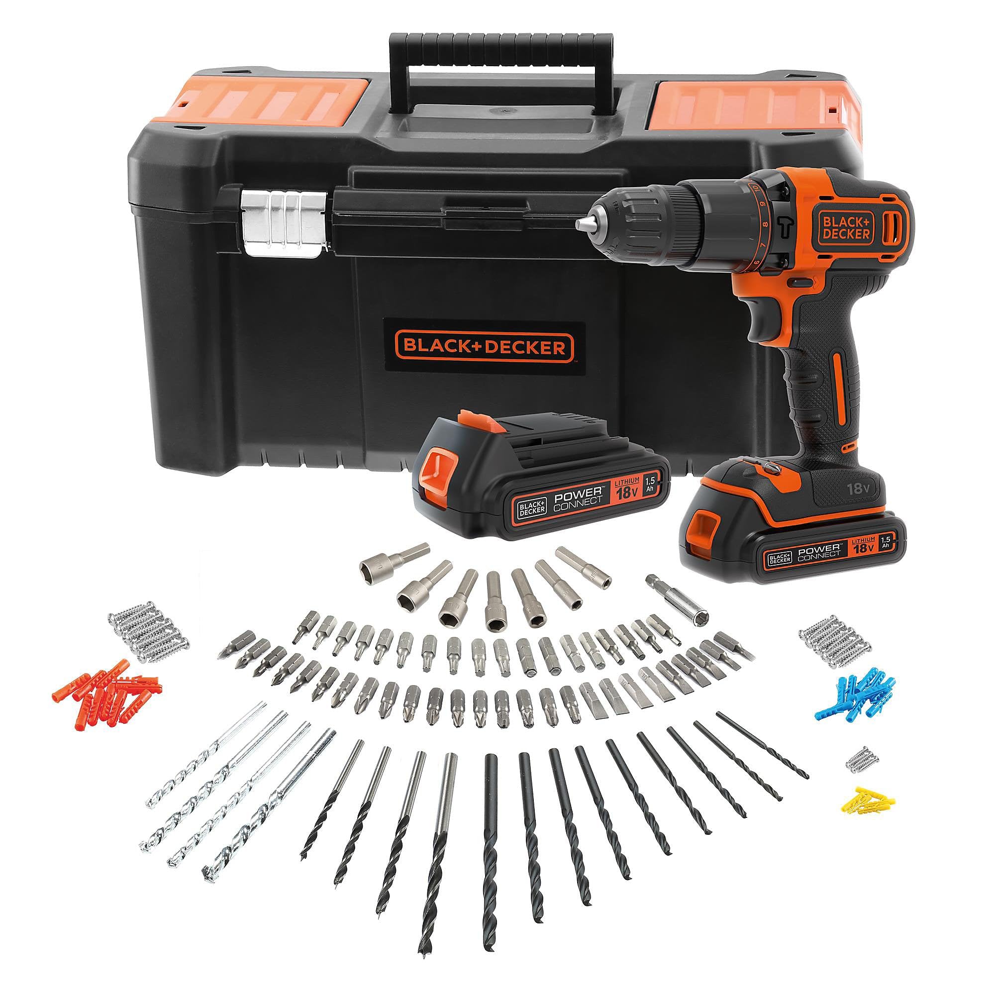 Black & Decker 18V Cordless Combi Drill X2 Battery Toolbox Drill Bits BCD700S2KA