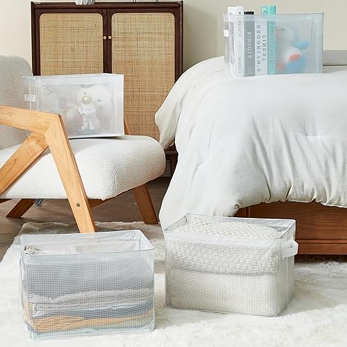 Miniatura 6 de Cestas de almacenamiento grandes transparentes para estantes, contenedores de almacenamiento plegables con asas para ropa, sábanas, libros  Cestas