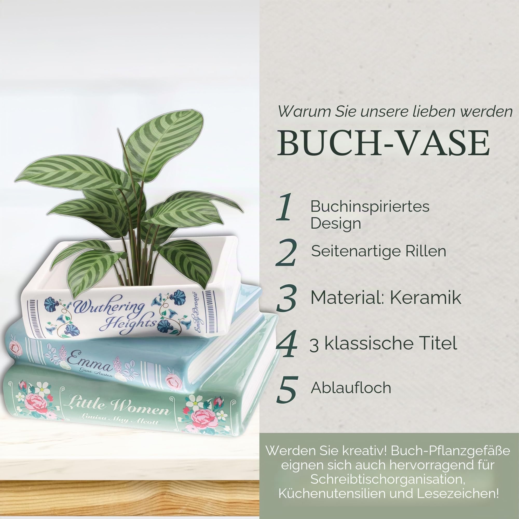 Steel Mill & Co Buchförmiger dekorativer Übertopf, Keramik-Pflanzgefäß für Heimdekoration, niedliches Bücherregal-Dekor, einzigartiger Übertopf für Buchliebhaber, Klassische Titel